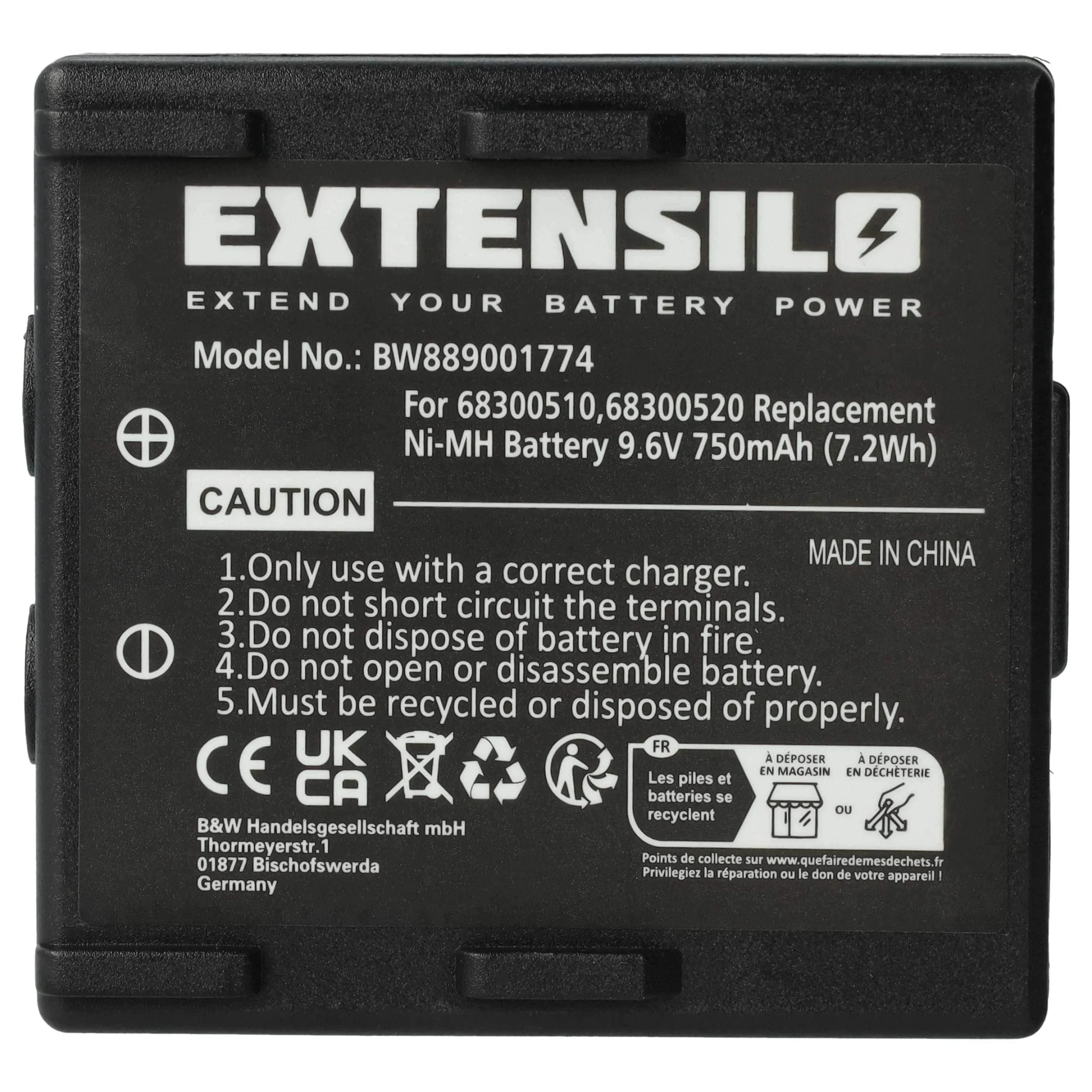 Batterie remplace Abitron 68300510, 68300520, 68300525, 68300530, HE520, HT-02 - 750mAh 9,6V NiMH