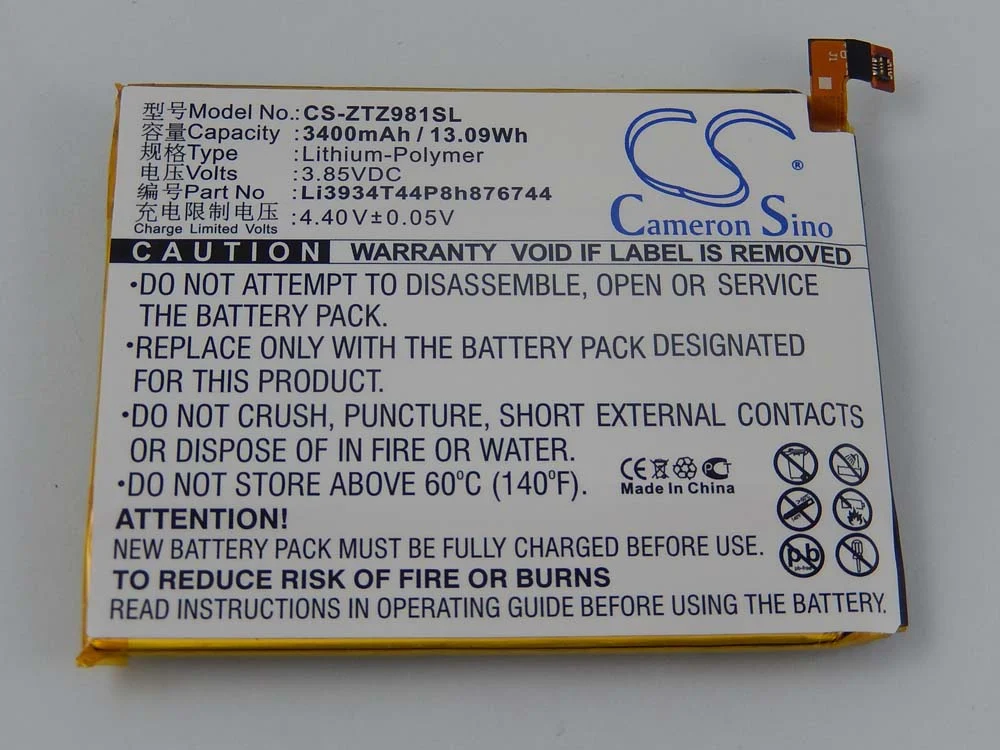 Batterie remplace ZTE Li3934T44P8h876744 téléphone portable ZTE - 3400mAh 3,85V Li-polymère