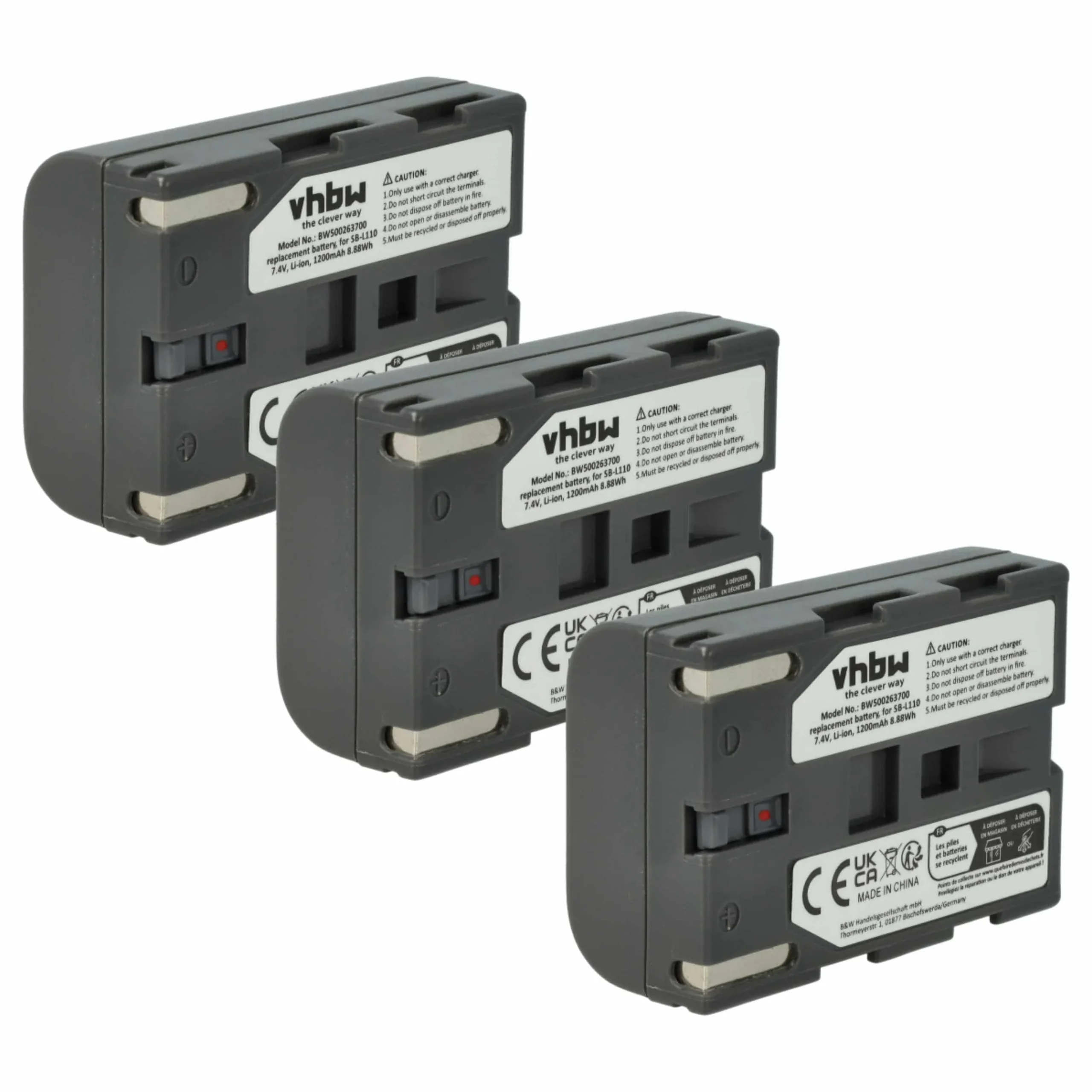3x Batteries remplace Samsung SB-L110, SB-L70, SB-L70A, BB13-SS014 pour caméscope Samsung- 1200mAh 7,4V Li-ion
