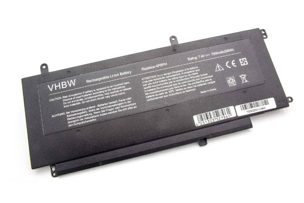 Batterie remplace Dell 4P8PH, G05H0 pour ordinateur portable Dell- 7500mAh 7,4V Li-ion, noir