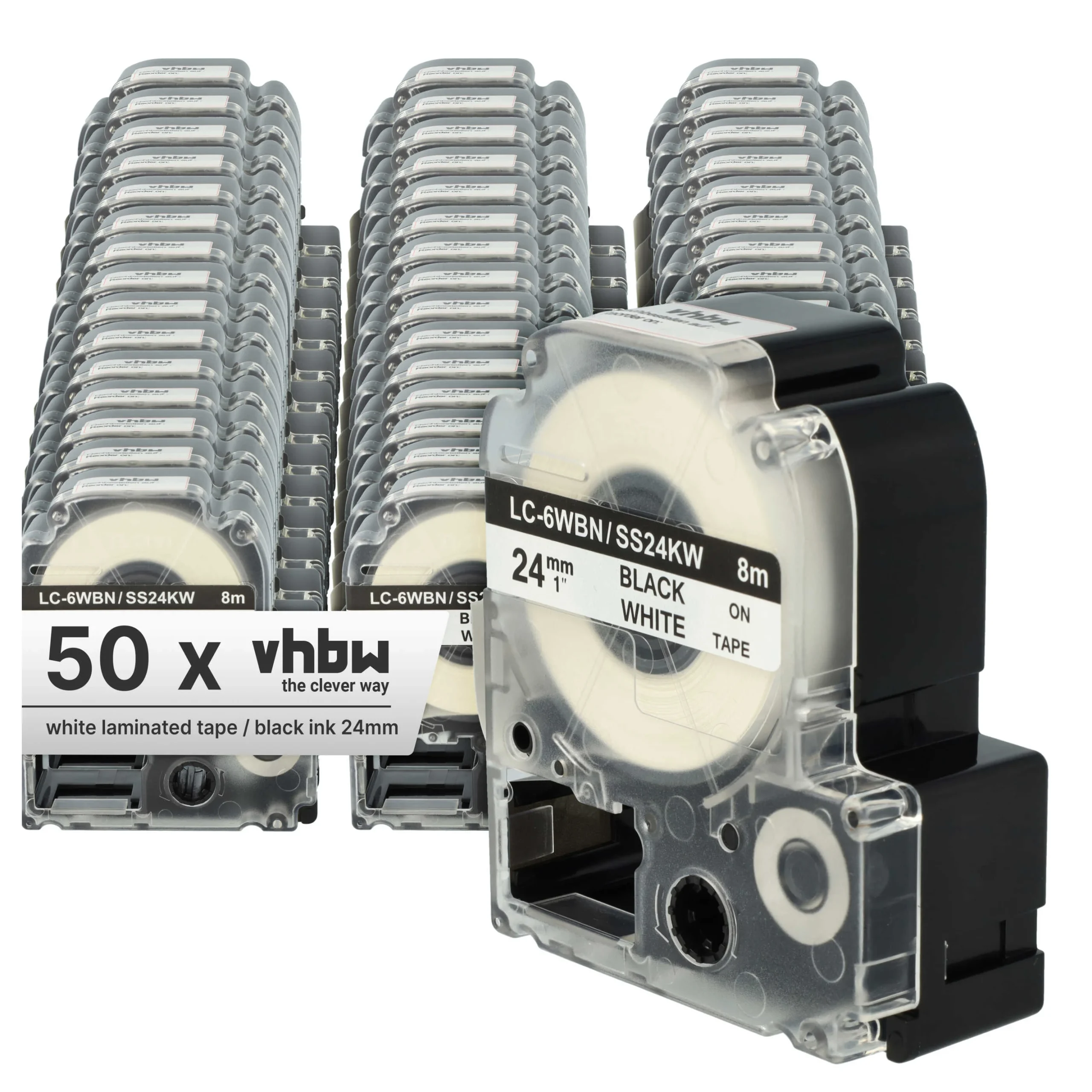 50x Cassettes à ruban remplacent Epson LC-6WBN - 24mm lettrage Noir ruban Blanc, plastique