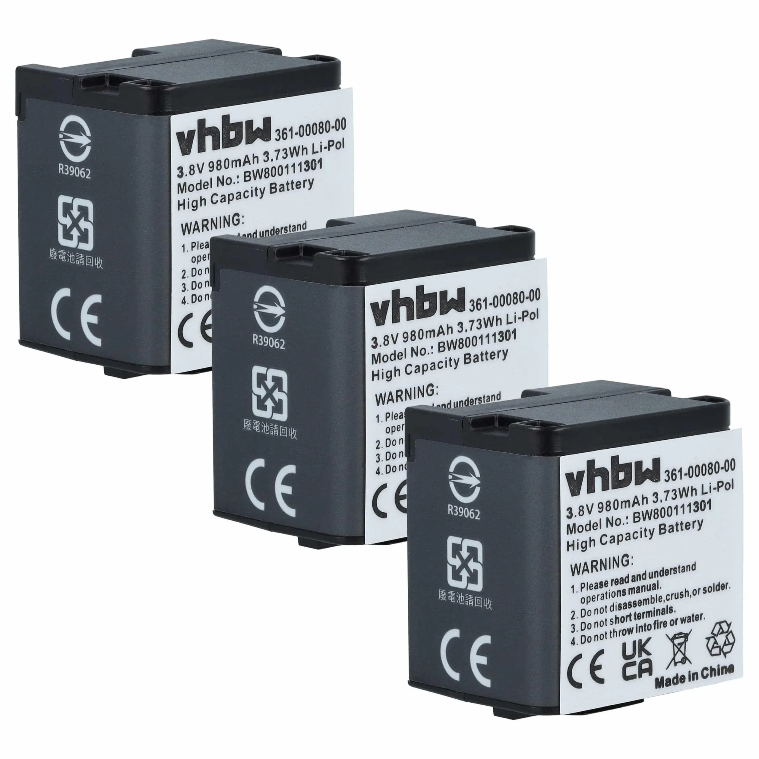 3x Batteries remplace Garmin 010-01363-10, 010-12256-01 pour caméscope Garmin- 980mAh 3,8V Li-polymère