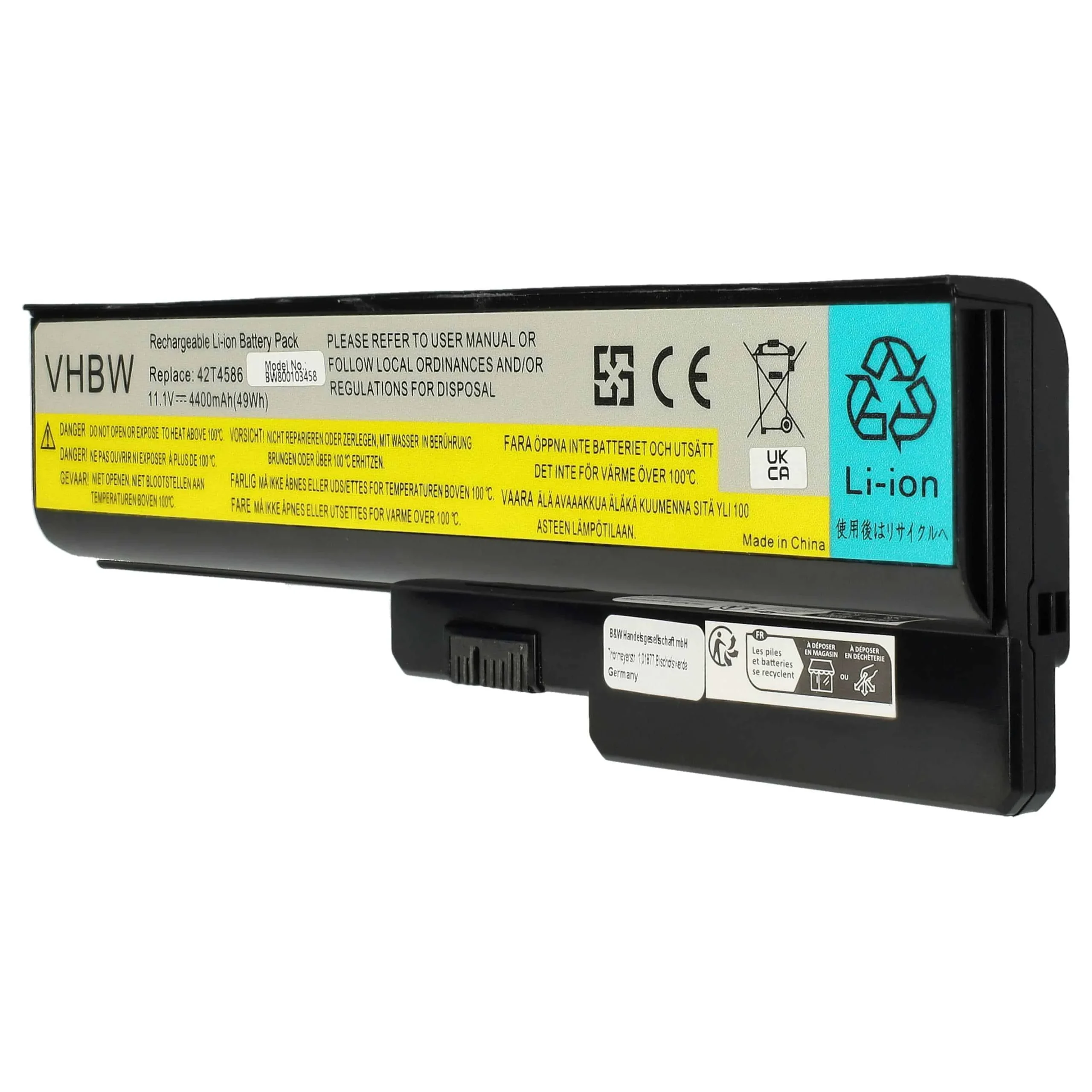 Batterie remplace Lenovo 42T4725, 42T4583, 42T4726 pour ordinateur portable Lenovo- 4400mAh 11,1V Li-ion, noir