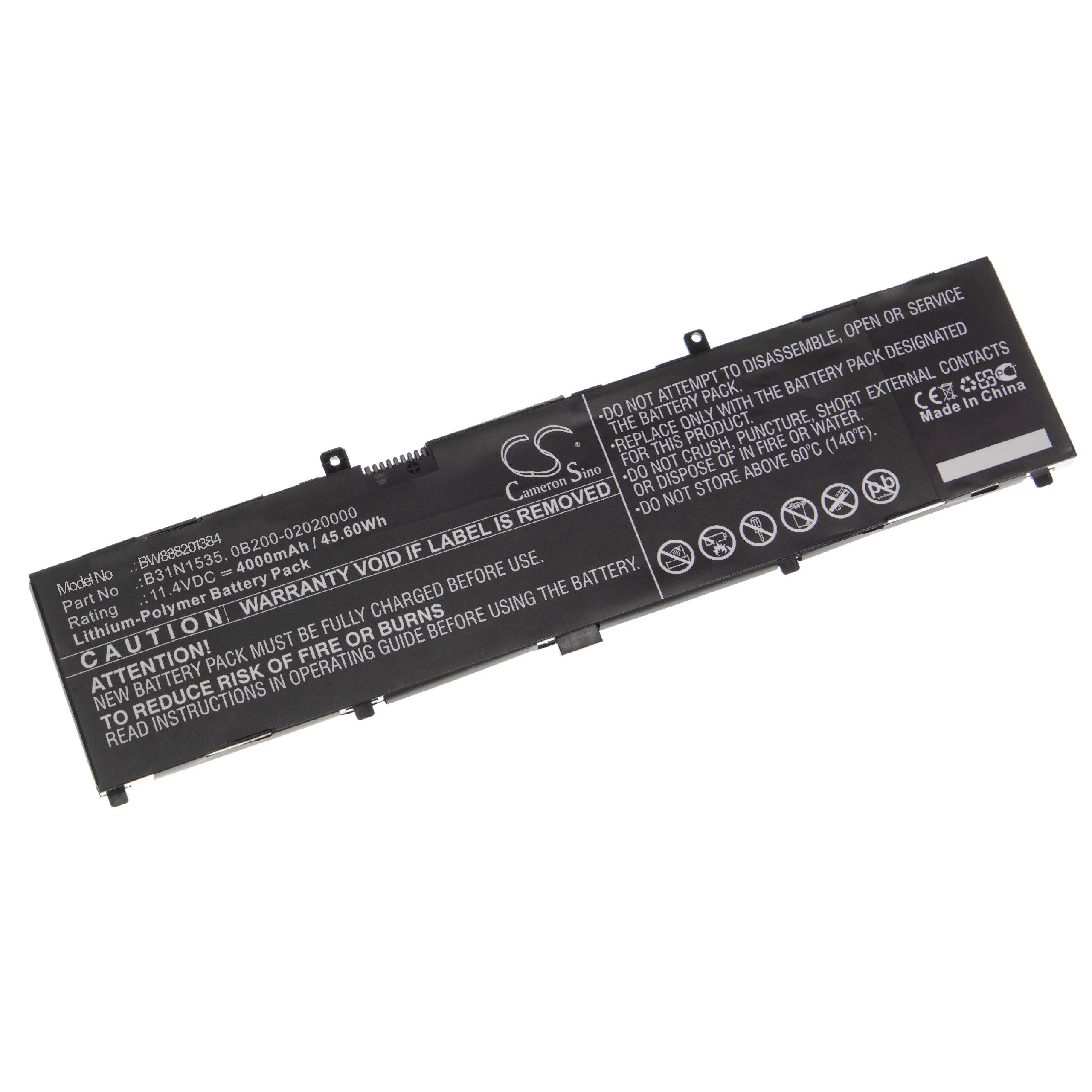 Batterie remplace Asus B31N1535, 0B200-02020000 pour ordinateur portable Asus- 4000mAh 11,4V Li-polymère, noir