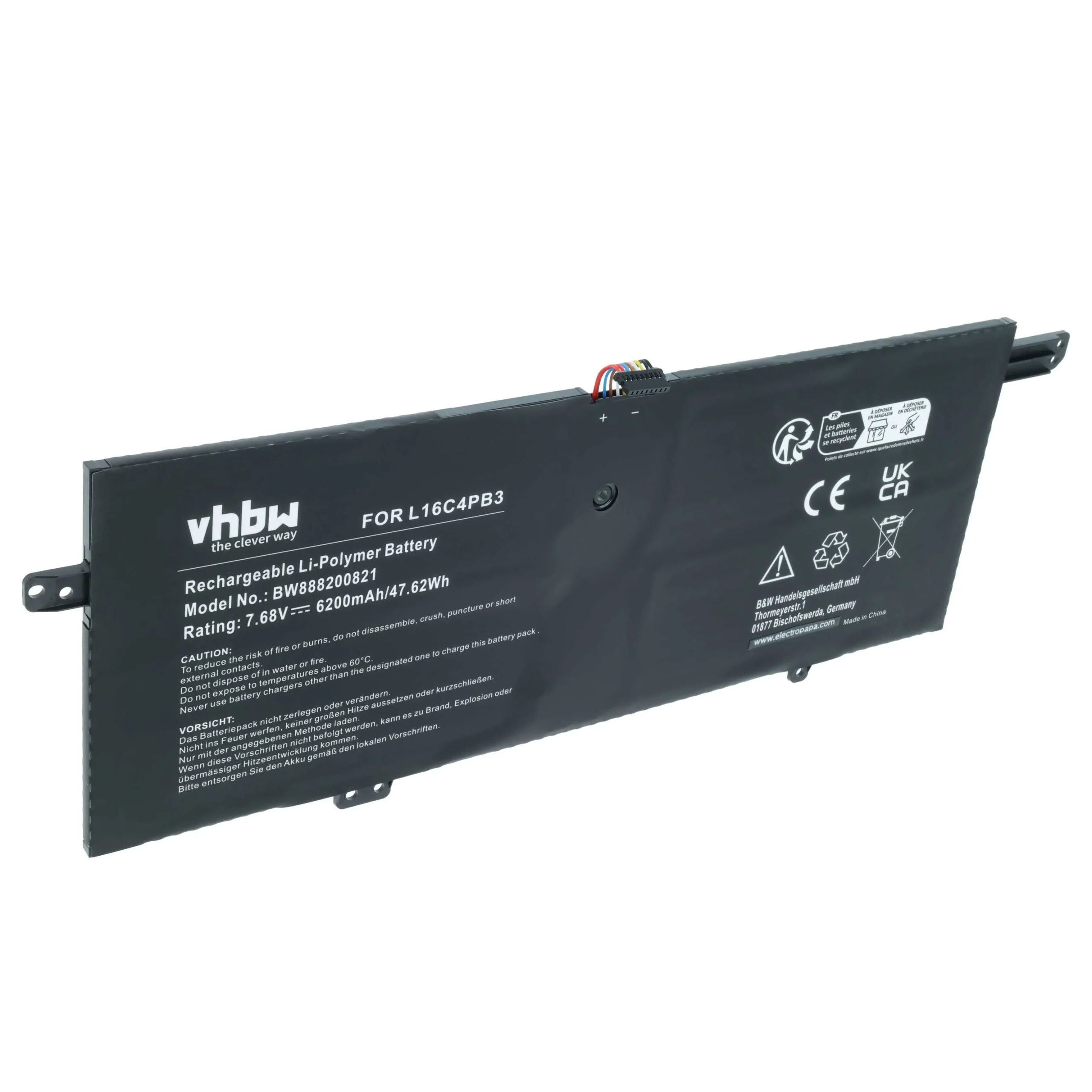 Batterie remplace Lenovo L16L4PB3, L16C4PB3 pour ordinateur portable Lenovo- 6200mAh 7,68V Li-polymère, noir
