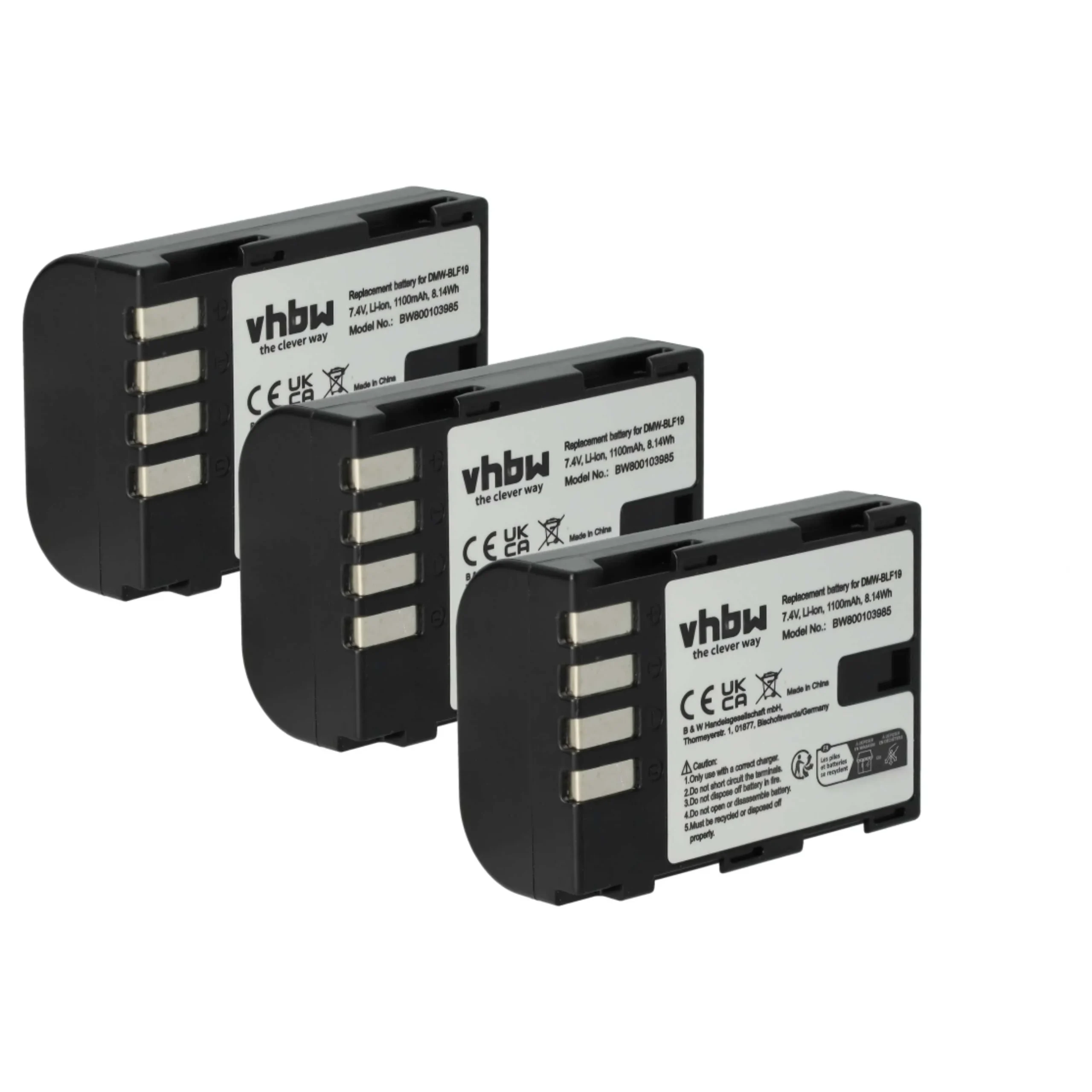 3x Batteries remplace Panasonic DMW-BLF19E, DMW-BLF19 pour appareil photo Panasonic- 1100mAh 7,2V Li-ion