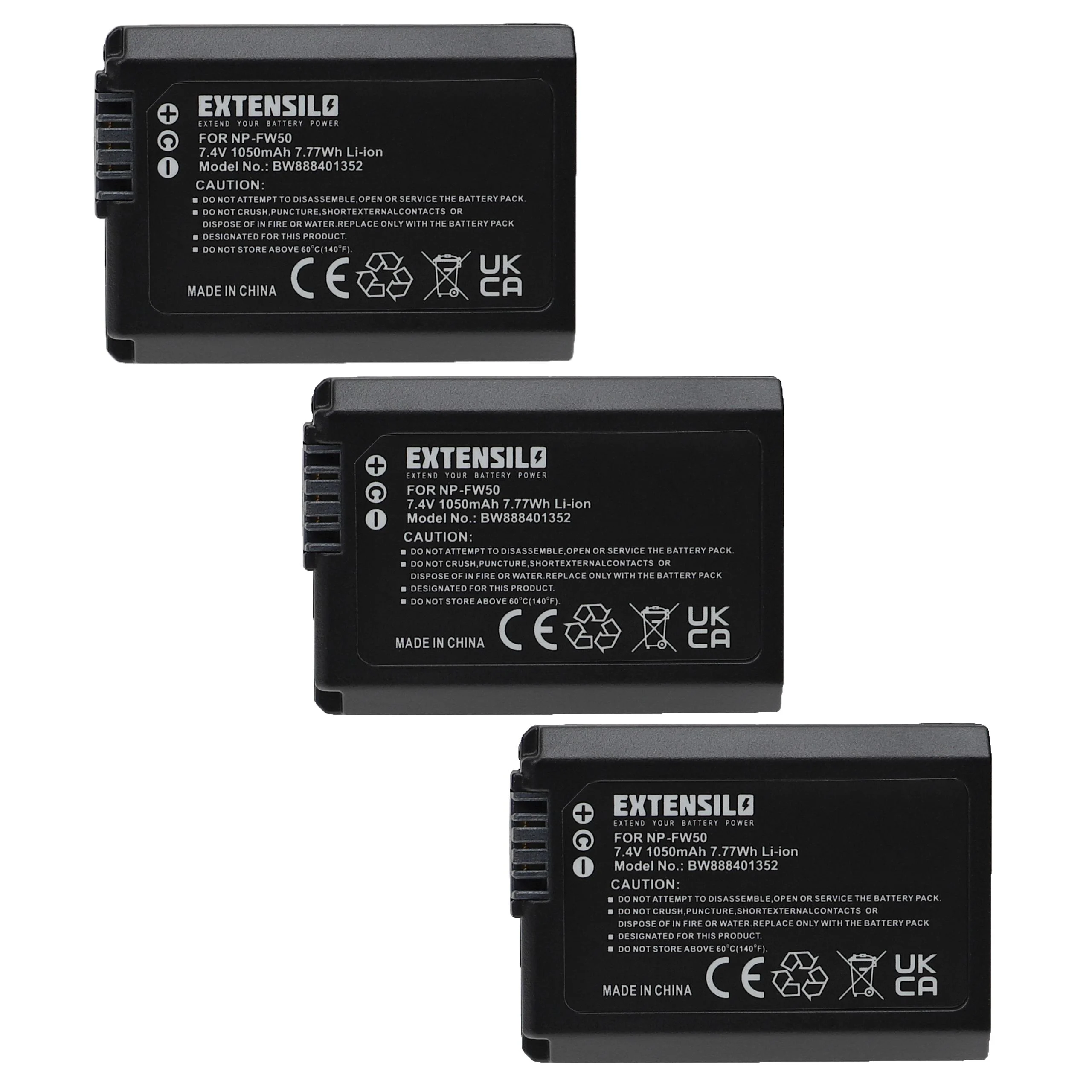 3x Batteries remplace Sony NP-FW50 pour appareil photo Sony- 1050mAh 7,4V Li-ion