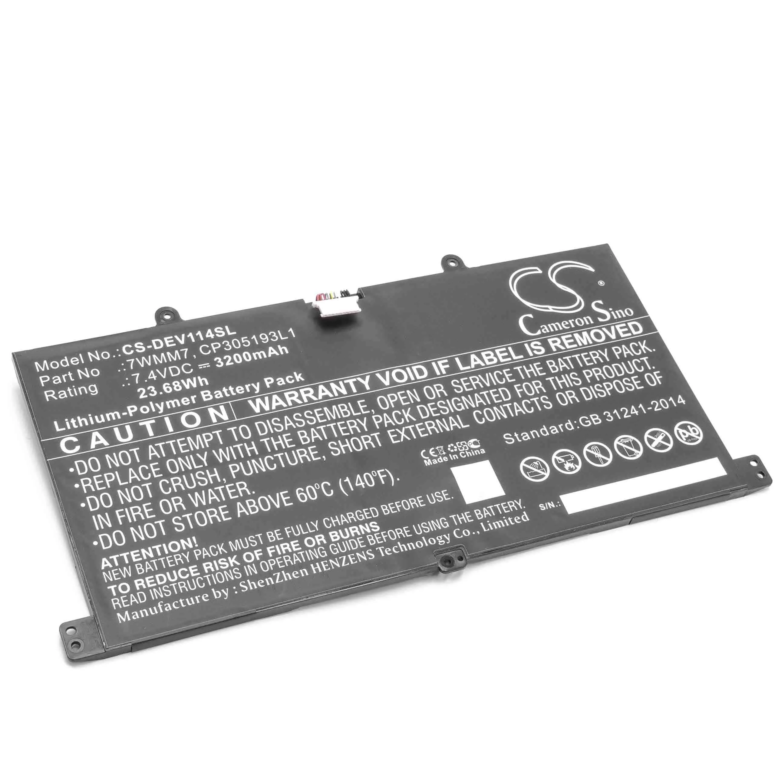 Batterie remplace Dell DL011301-PLP22G0, CP305193L1, 7WMM7 clavier - 3200mAh 7,4V Li-polymère