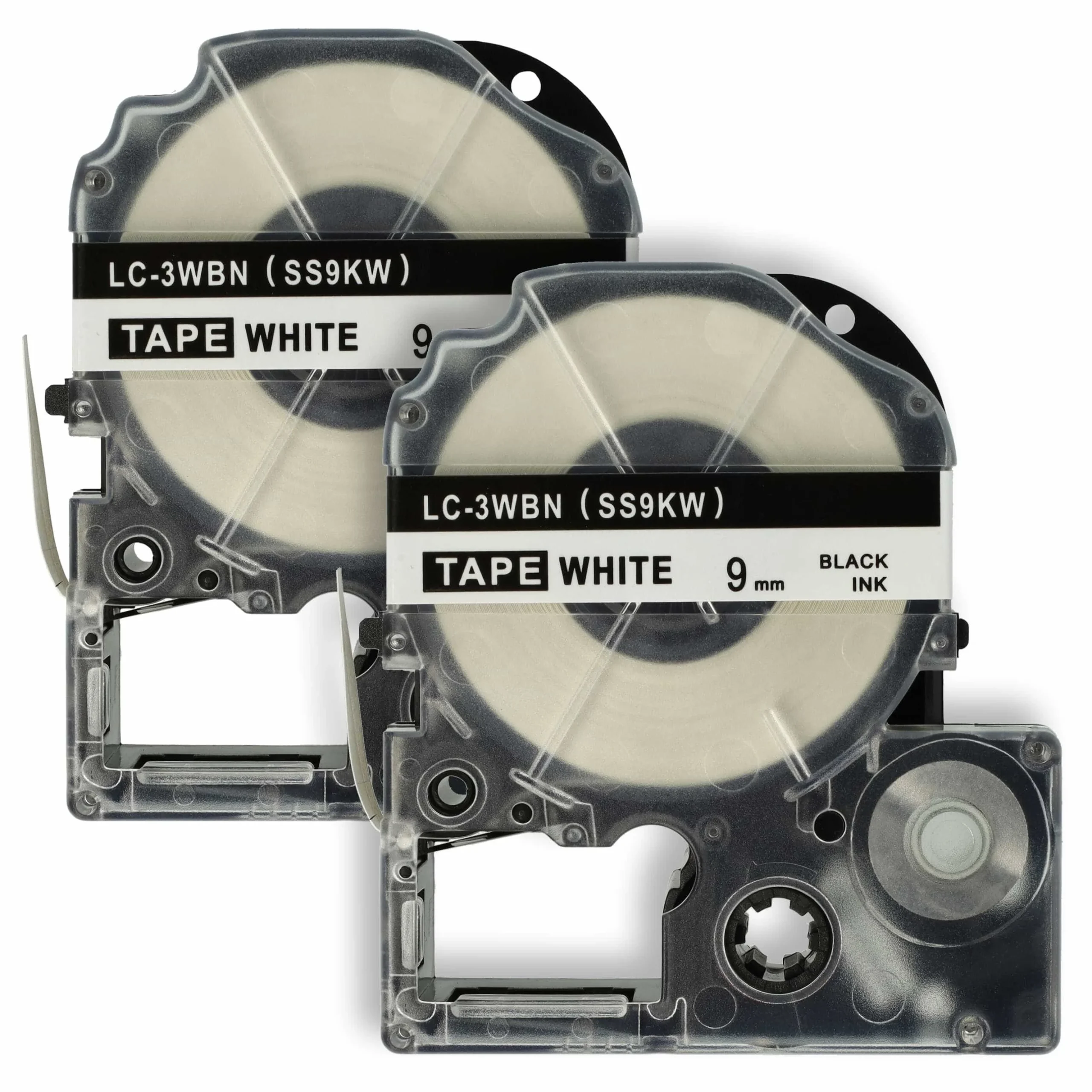 2x Cassettes à ruban remplacent Epson SS9KW, LC-3WBN - 9mm lettrage Noir ruban Blanc, plastique