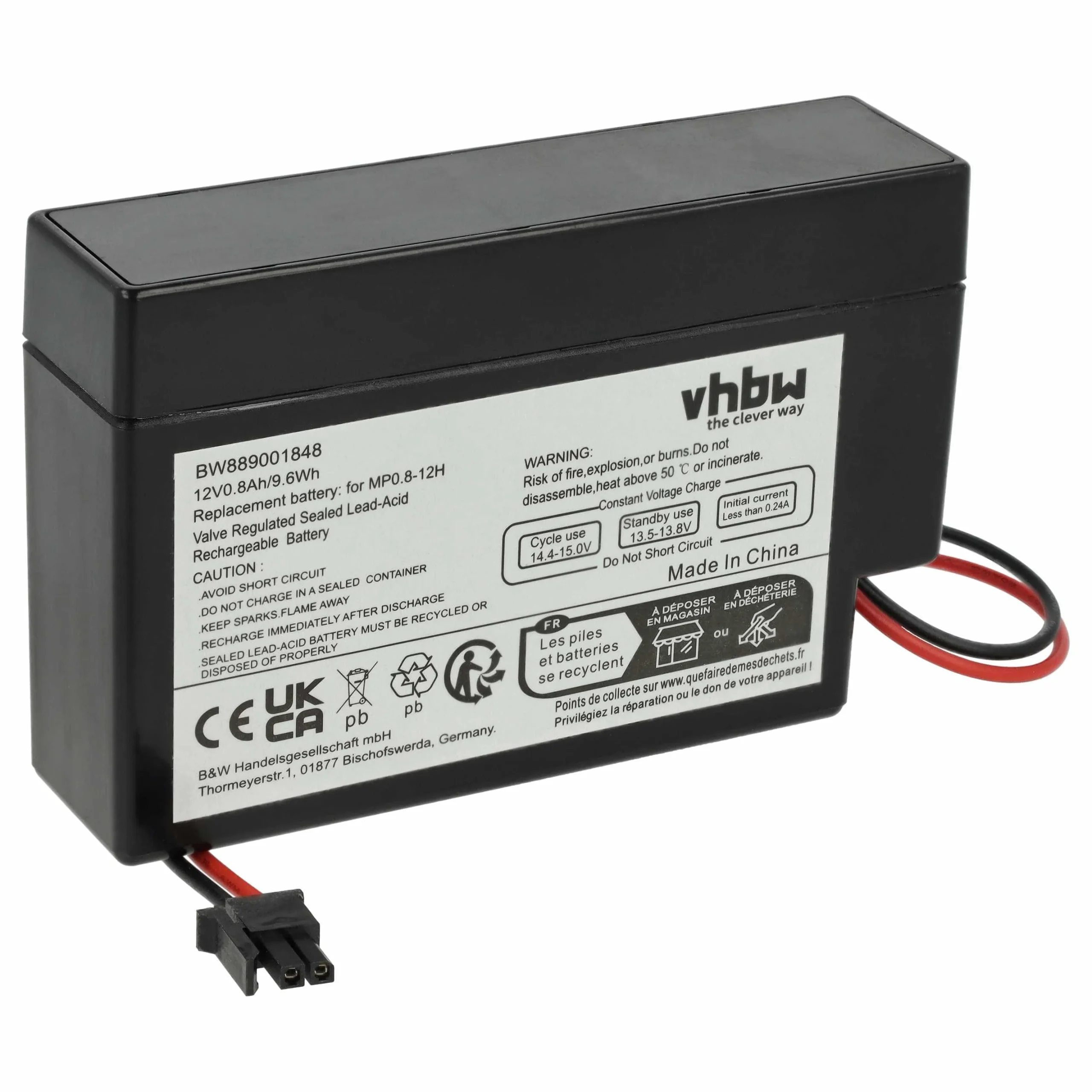 Batterie remplace MP0.8-12H - 800mAh 12V AGM, 6x cellules, connecteur AMP