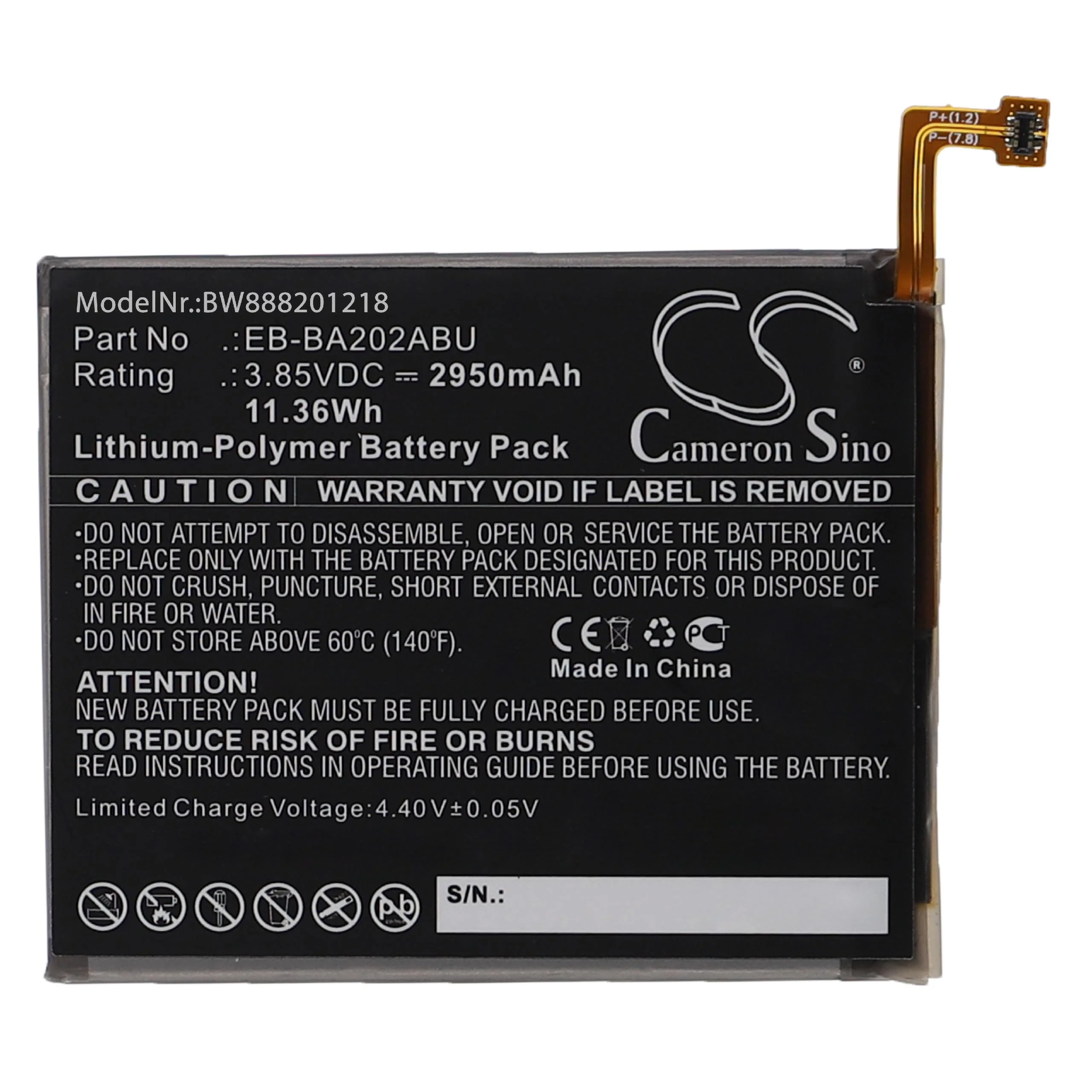 Batterie remplace Samsung GH82-20188A, EB-BA202ABU téléphone portable Samsung - 2950mAh 3,85V Li-polymère