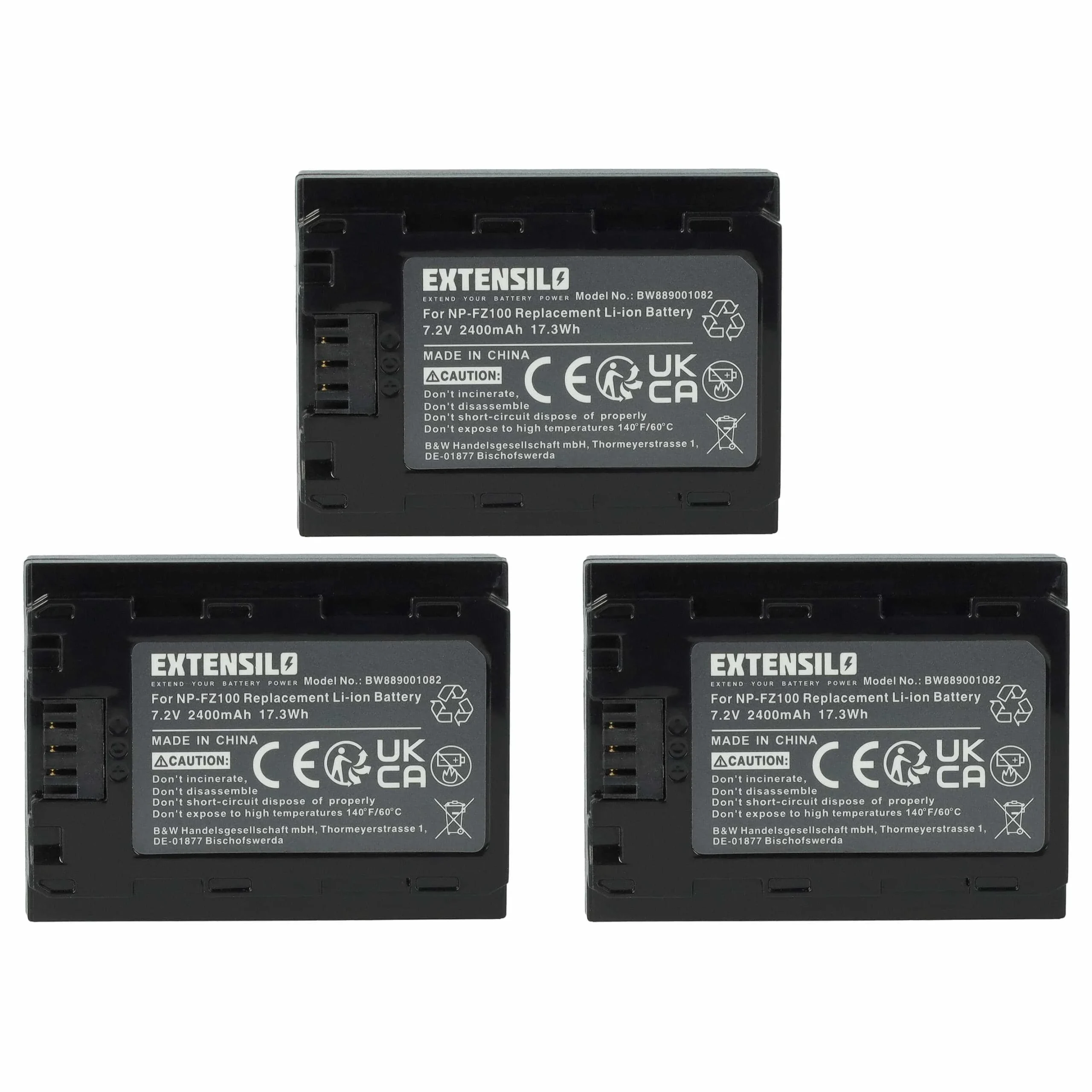 3x Batteries remplace Sony NP-FZ100 pour appareil photo Sony- 2400mAh 7,2V Li-ion