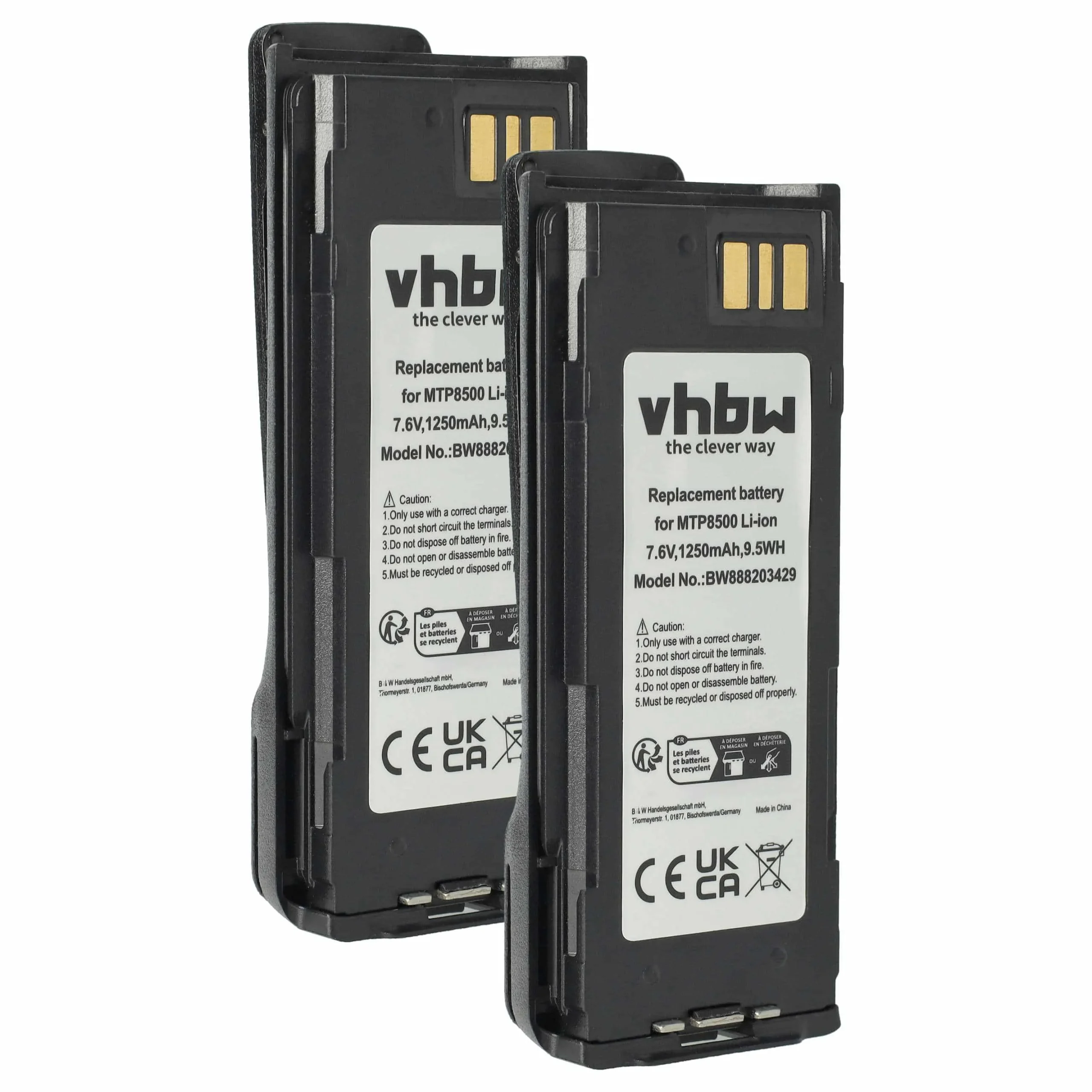 2x Batteries remplace Motorola NNTN8570A, NNTN8570 pour radio talkie-walkie Motorola- 1250mAh 7,6V Li-ion
