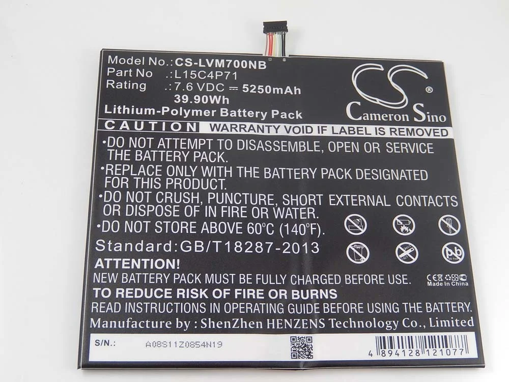 Batterie remplace Lenovo L15L4P71, L15C4P71 tablette - 5250mAh 7,6V Li-polymère