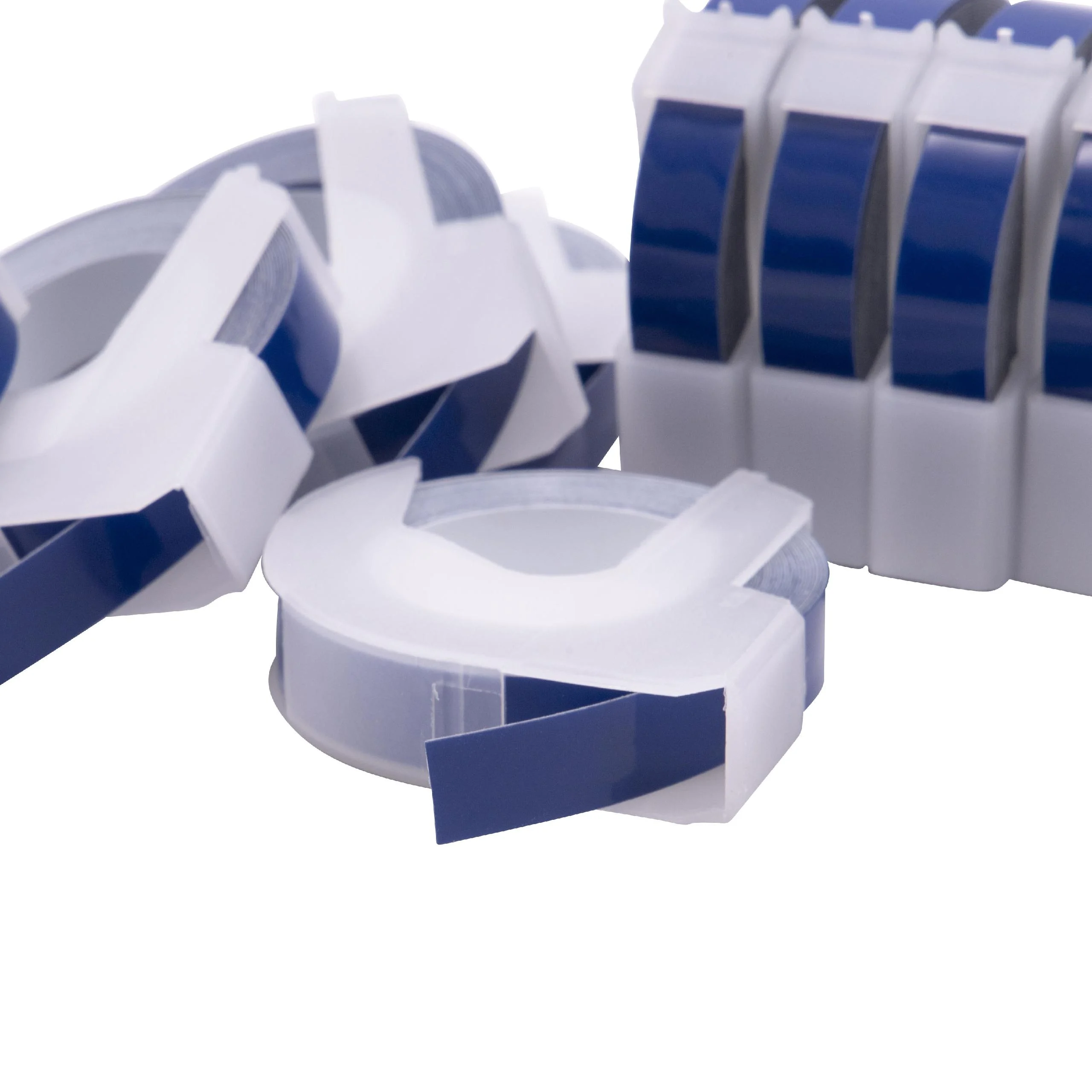 10x Cassettes à ruban, gaufrage relief remplacent Dymo 0898140 - 9mm lettrage Blanc ruban Bleu, plastique