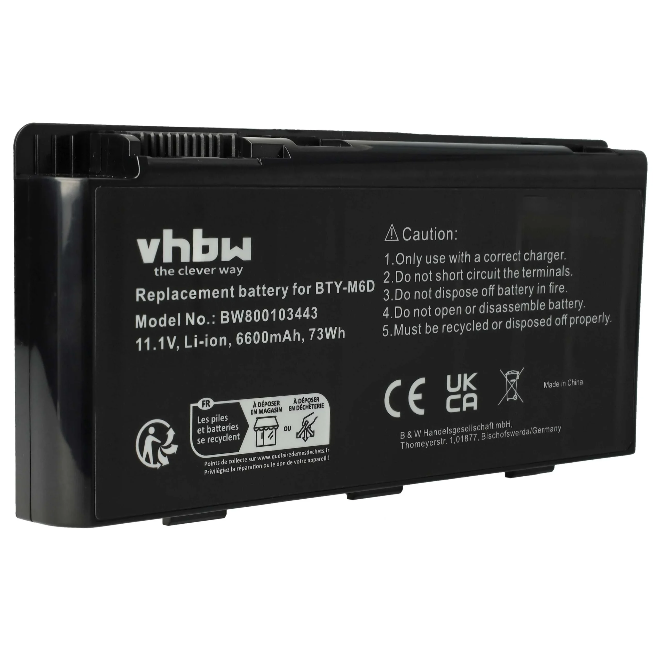 Batterie remplace Medion BTY-M6D pour ordinateur portable MSI- 6600mAh 11,1V Li-ion, noir