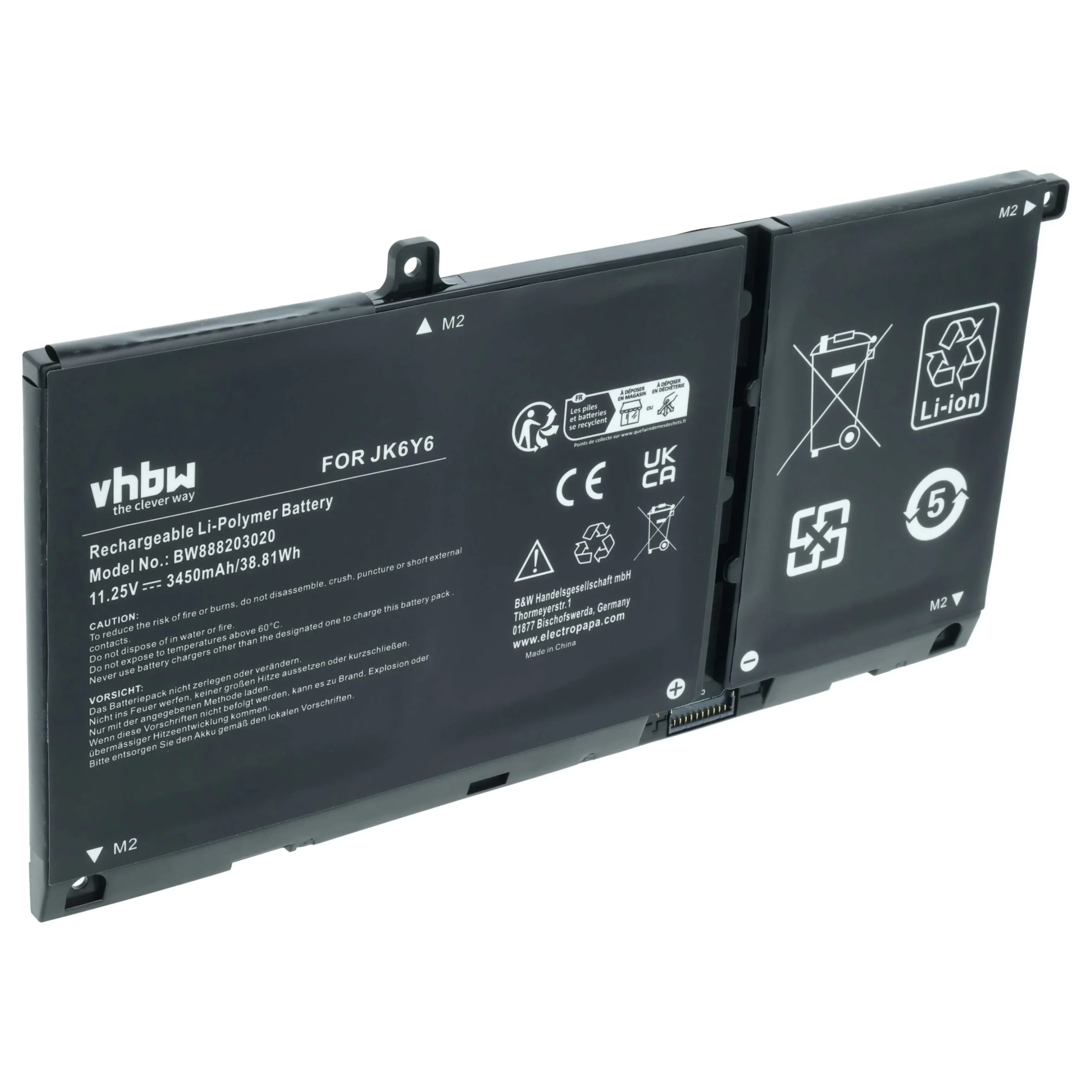 Batterie remplace Dell CF5RH, JK6Y6, C5KG6 pour ordinateur portable Dell- 3450mAh 11,25V Li-polymère