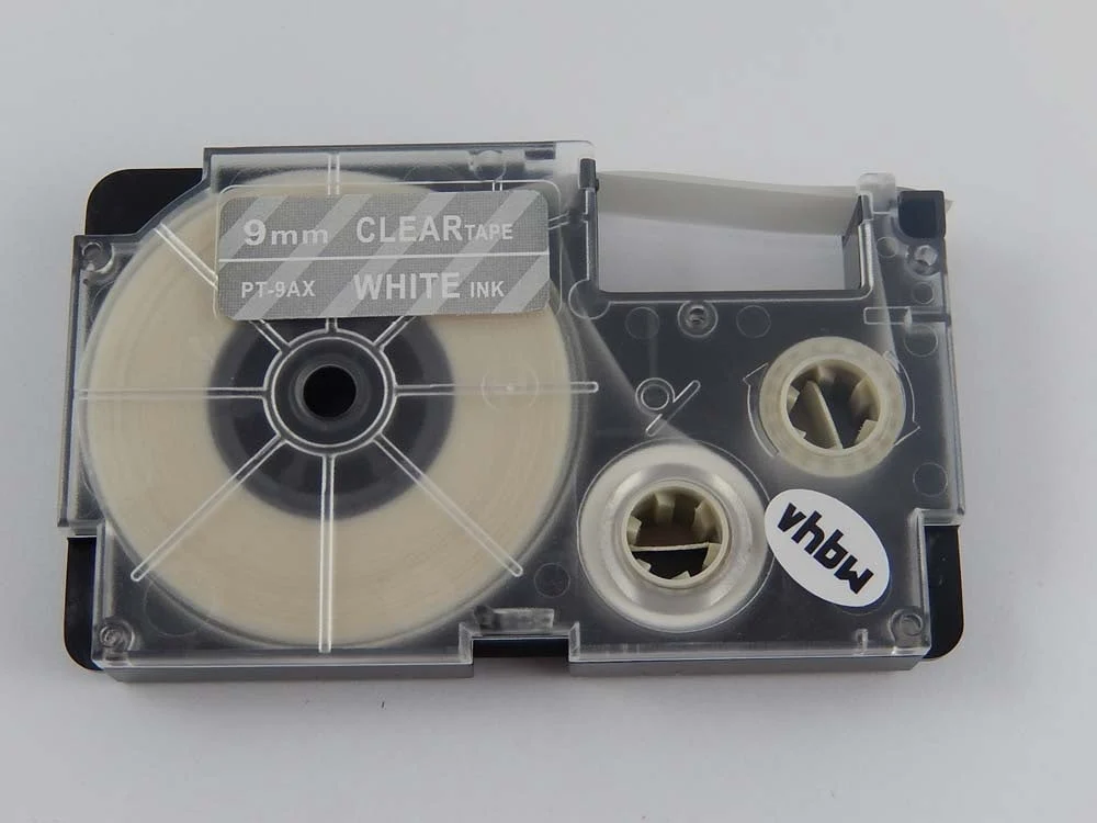 Cassette à ruban remplace Casio XR-9AX1, XR-9AX - 9mm lettrage Blanc ruban Transparent, plastique