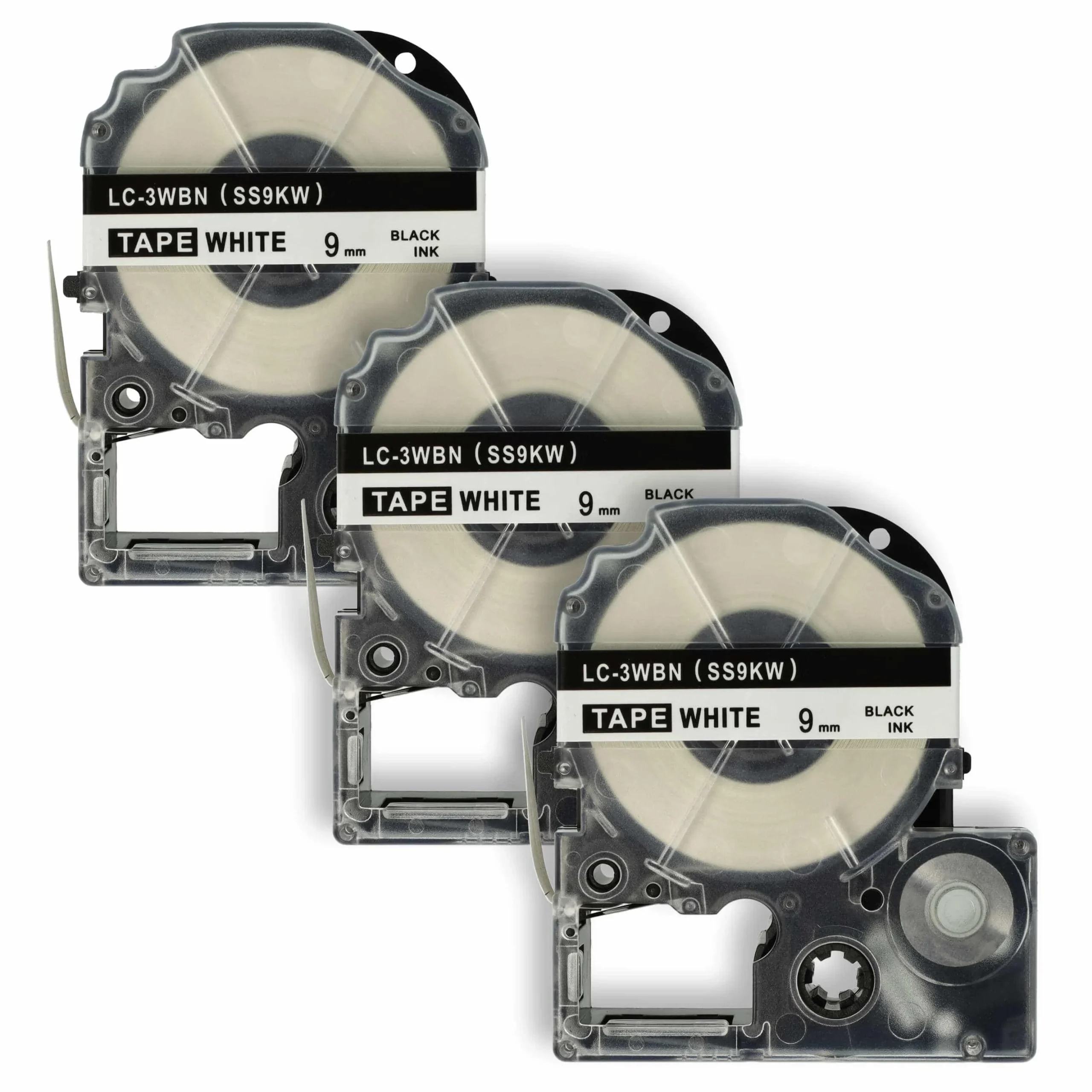 3x Cassettes à ruban remplacent Epson SS9KW, LC-3WBN - 9mm lettrage Noir ruban Blanc, plastique