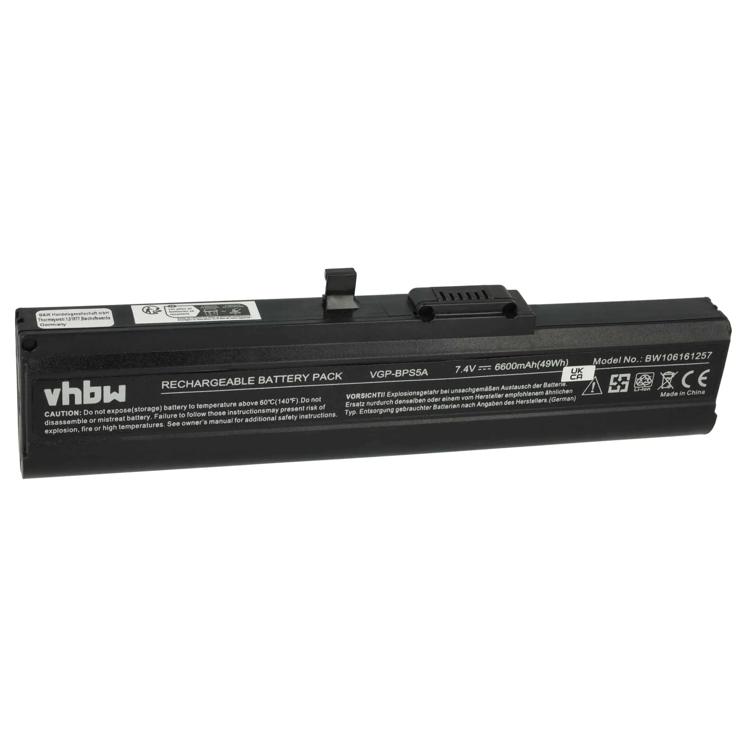 Batterie remplace Sony VGP-BPL5A, VGP-BPS5, VGP-BPL5 pour ordinateur portable Sony- 6600mAh 7,4V Li-ion, noir