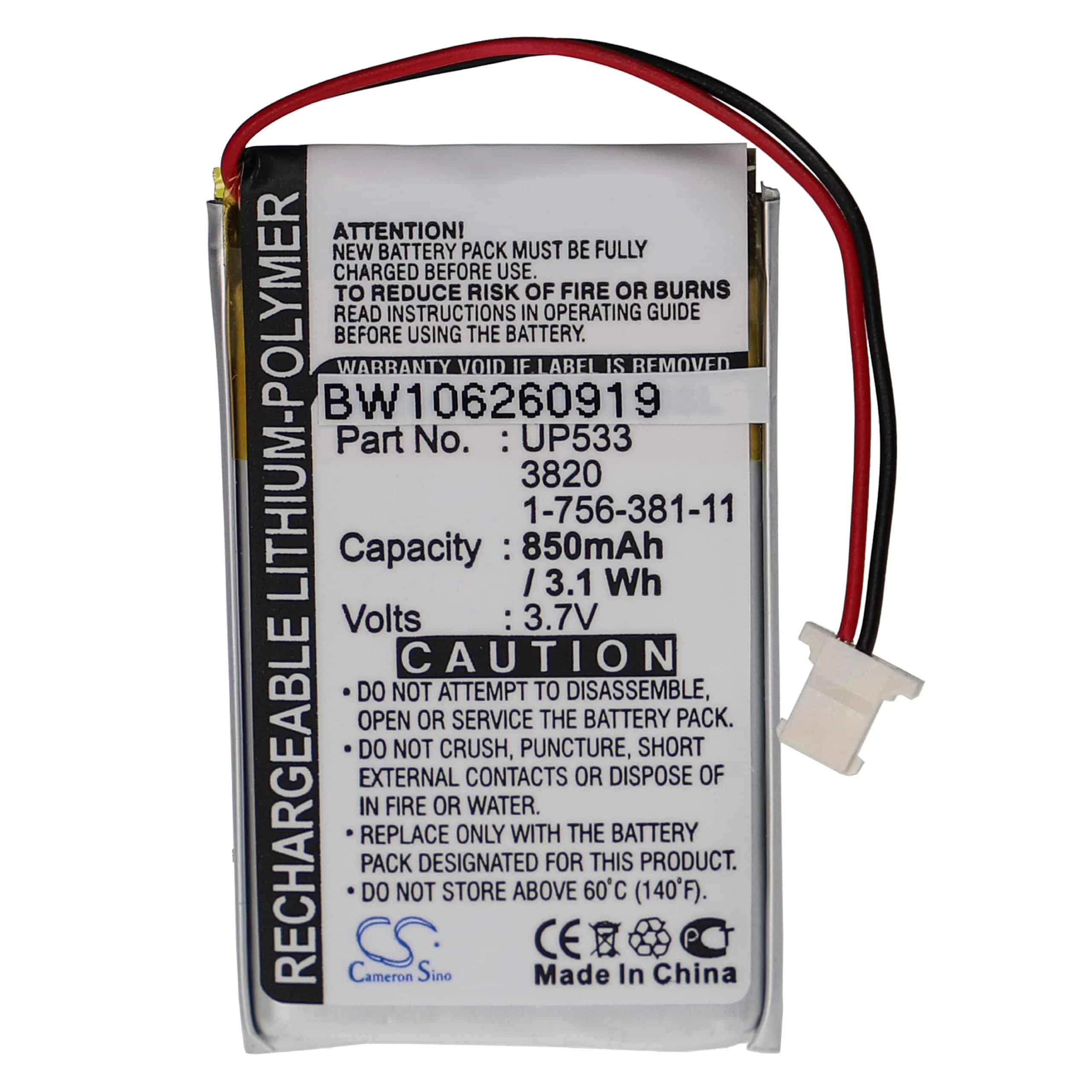 Batterie remplace Sony 1-756-381-11, CMA07E, 383562A pour ordinateur de poche Sony - 850mAh 3,7V Li-polymère