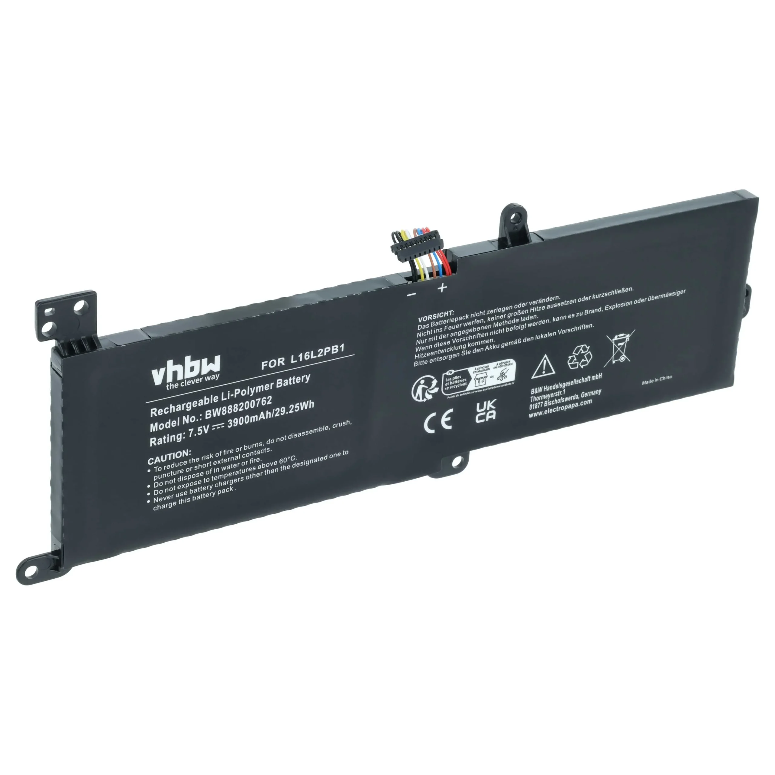 Batterie remplace Lenovo L16C2PB2, L16L2PB1 pour ordinateur portable Lenovo- 3900mAh 7,5V Li-polymère, noir