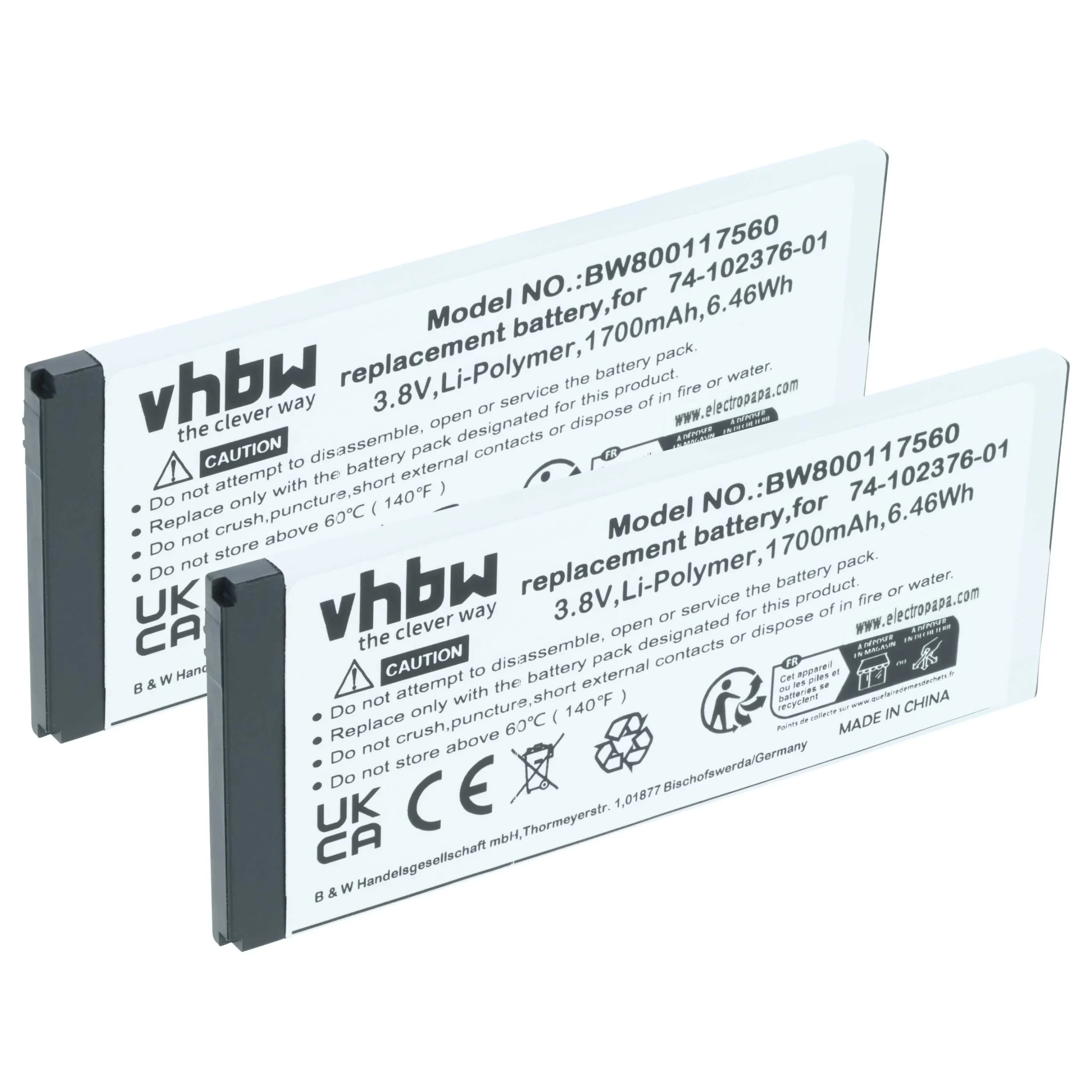2x Batteries remplace Cisco CP-BATT-8821, 74-102376-01 pour téléphone Cisco - 1700mAh 3,8V Li-polymère