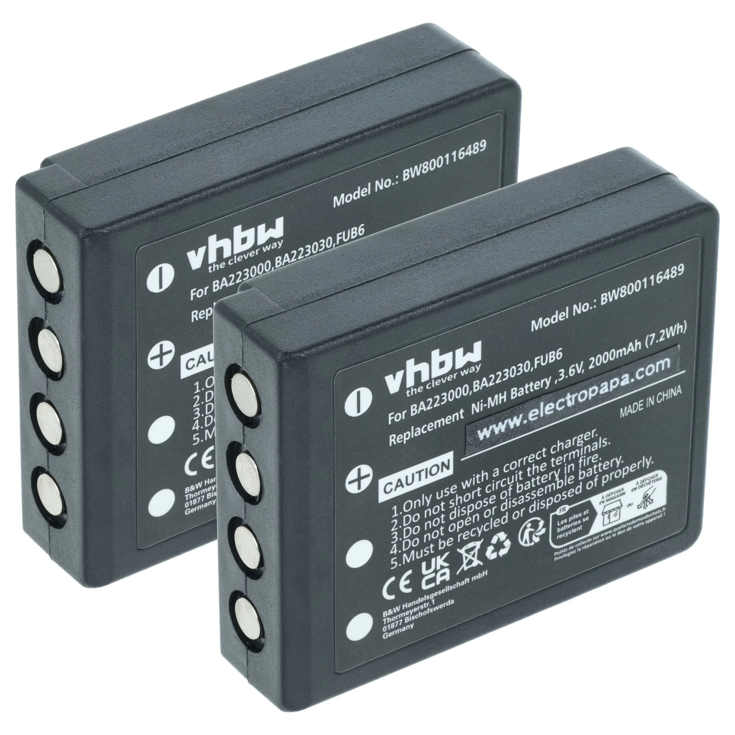 2x Batteries remplace HBC BA223031, BA223001, BA223000, BA223030 pour télécommande HBC- 2000mAh 3,6V NiMH