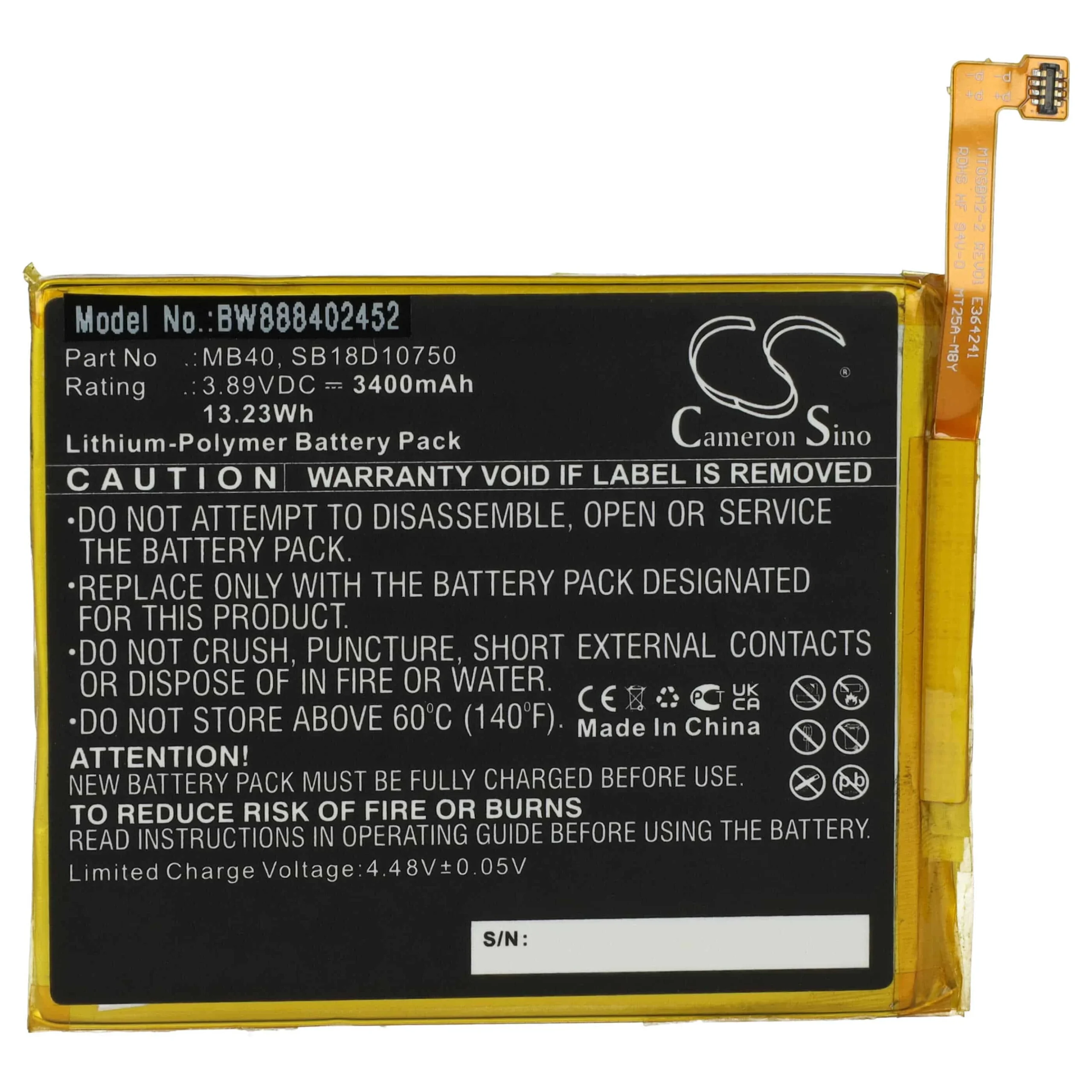 Batterie remplace Motorola SB18D10750, MB40 téléphone portable Motorola - 3400mAh 3,89V Li-polymère