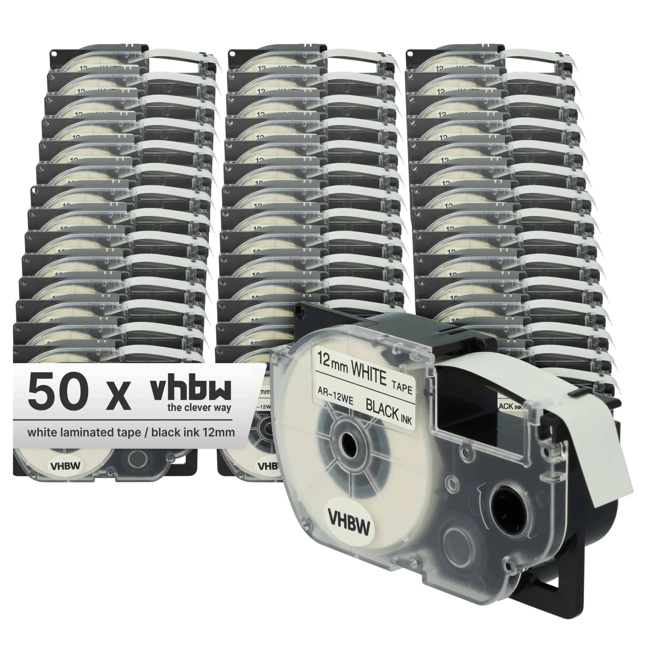 50x Cassettes à ruban remplacent Casio XR-12WE, XR-12WE1 - 12mm lettrage Noir ruban Blanc, plastique
