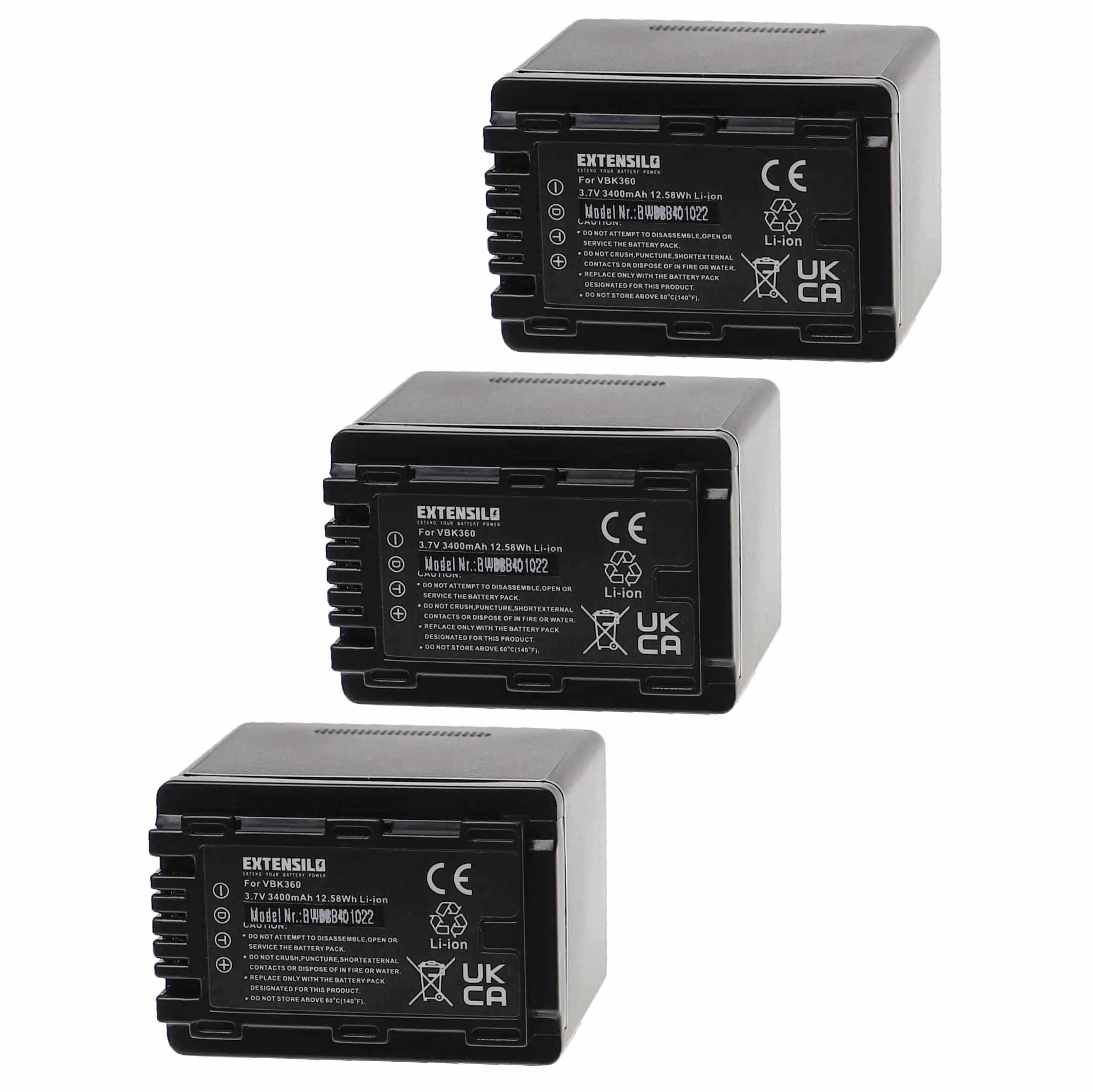 3x Batteries remplace Panasonic VW-VBK360 pour appareil photo Panasonic- 3400mAh 3,7V Li-ion