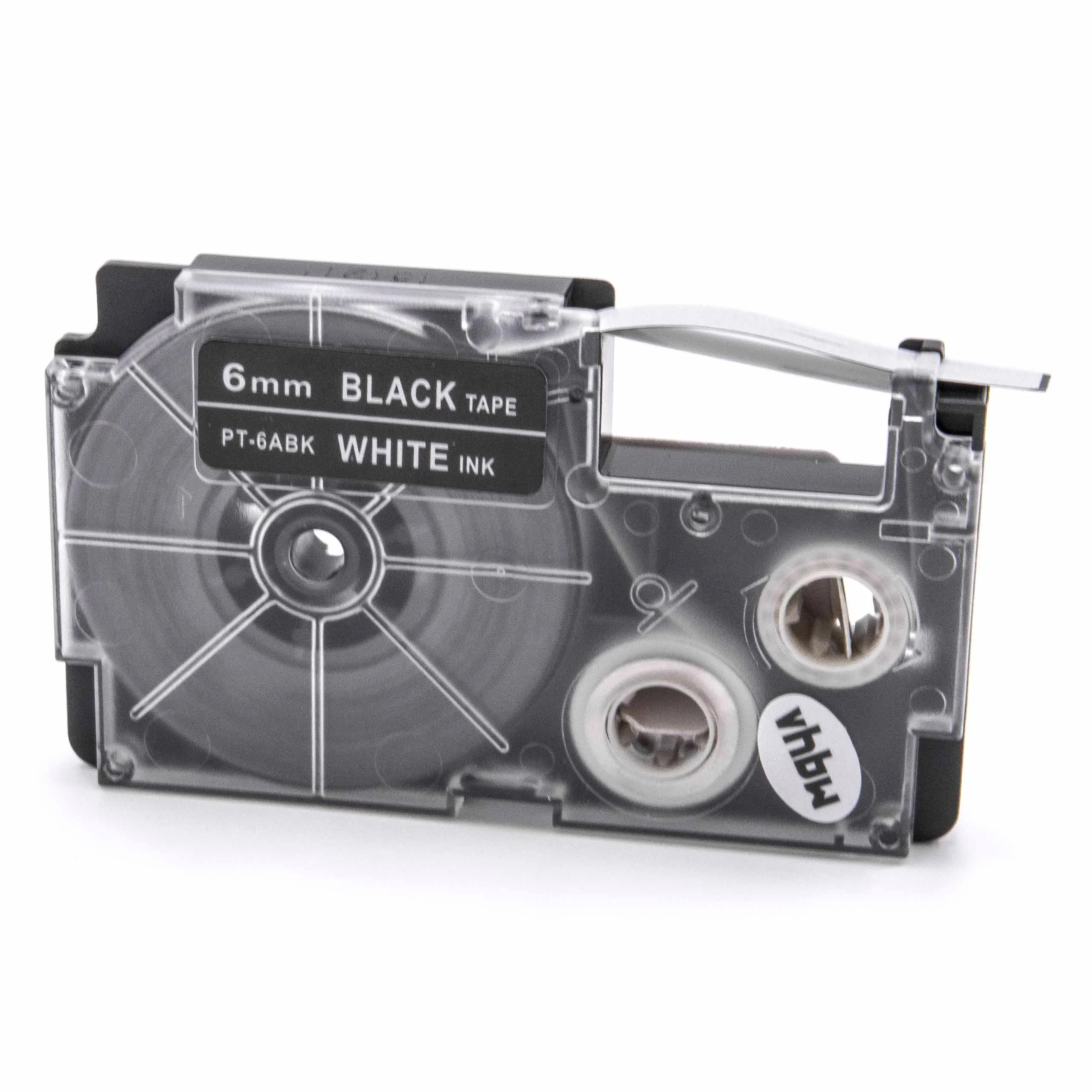 Cassette à ruban remplace Casio XR-6ABK, XR-6ABK1 - 6mm lettrage Blanc ruban Noir, plastique