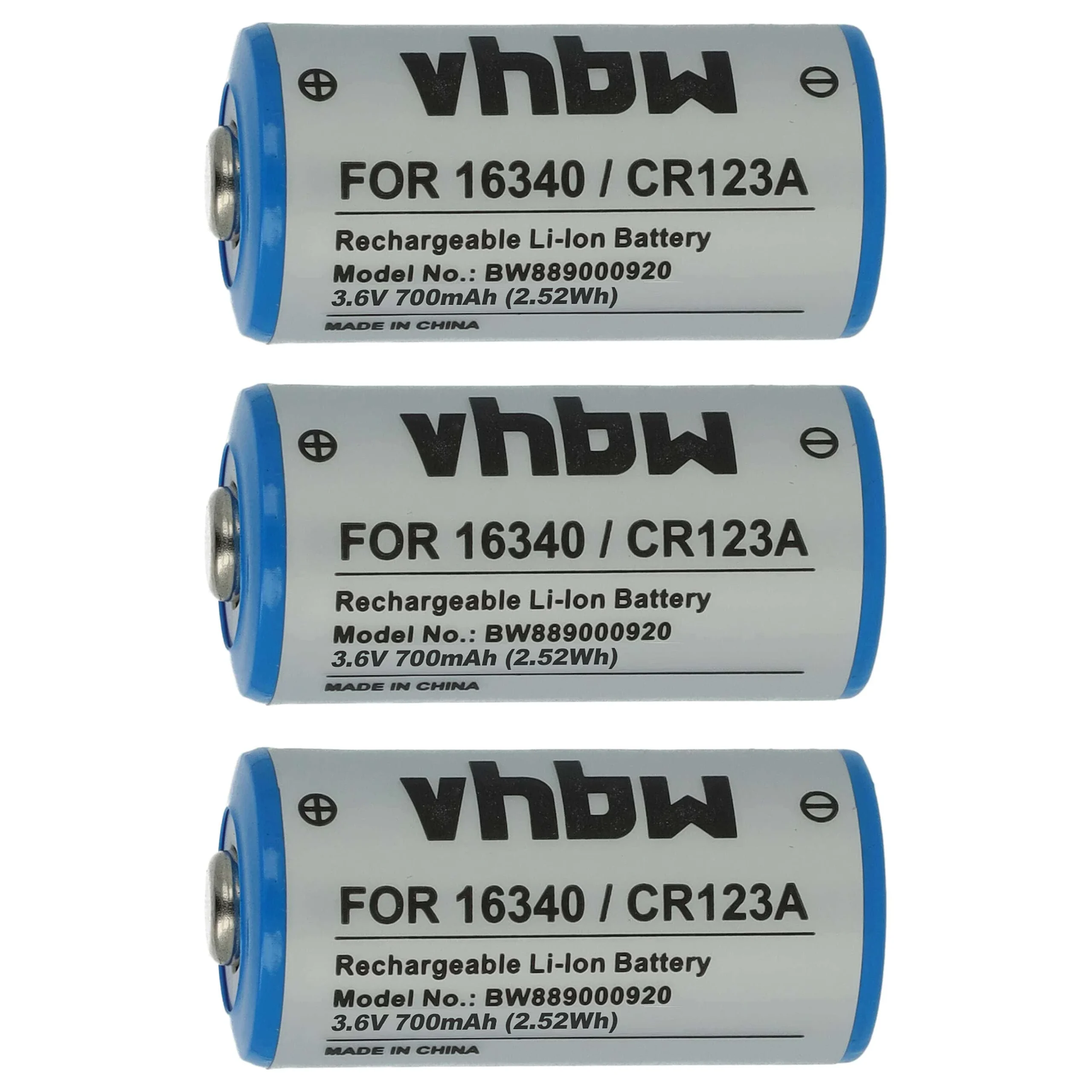 Batterie (3 pcs.) remplace 16340, DL123A, CR123R, CR17335, CR17345, CR123A - 700mAh 3,6V Li-ion, 1x cellules