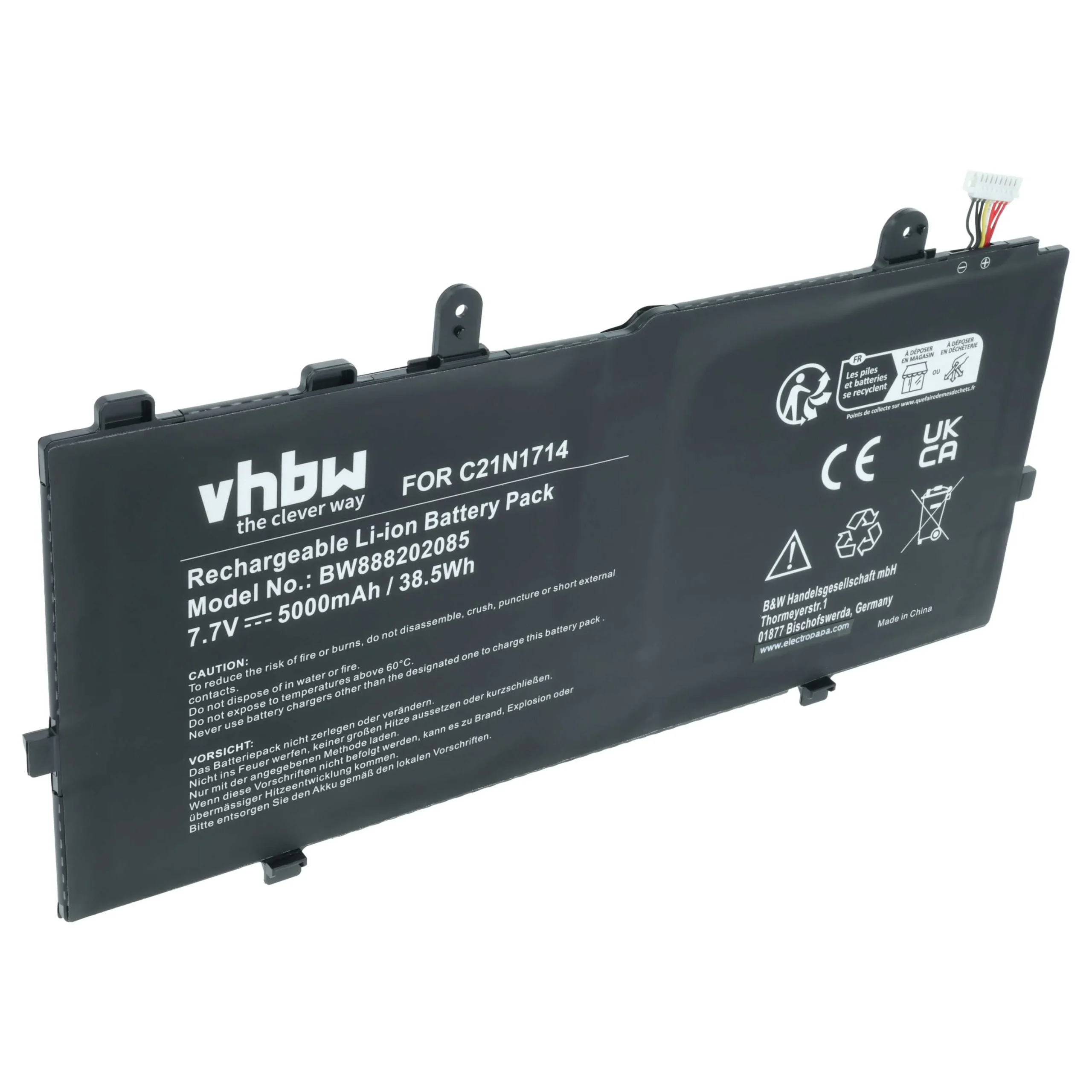 Batterie remplace Asus C21N1714, 0B200-02740000 pour ordinateur portable Asus- 5000mAh 7,7V Li-polymère, noir