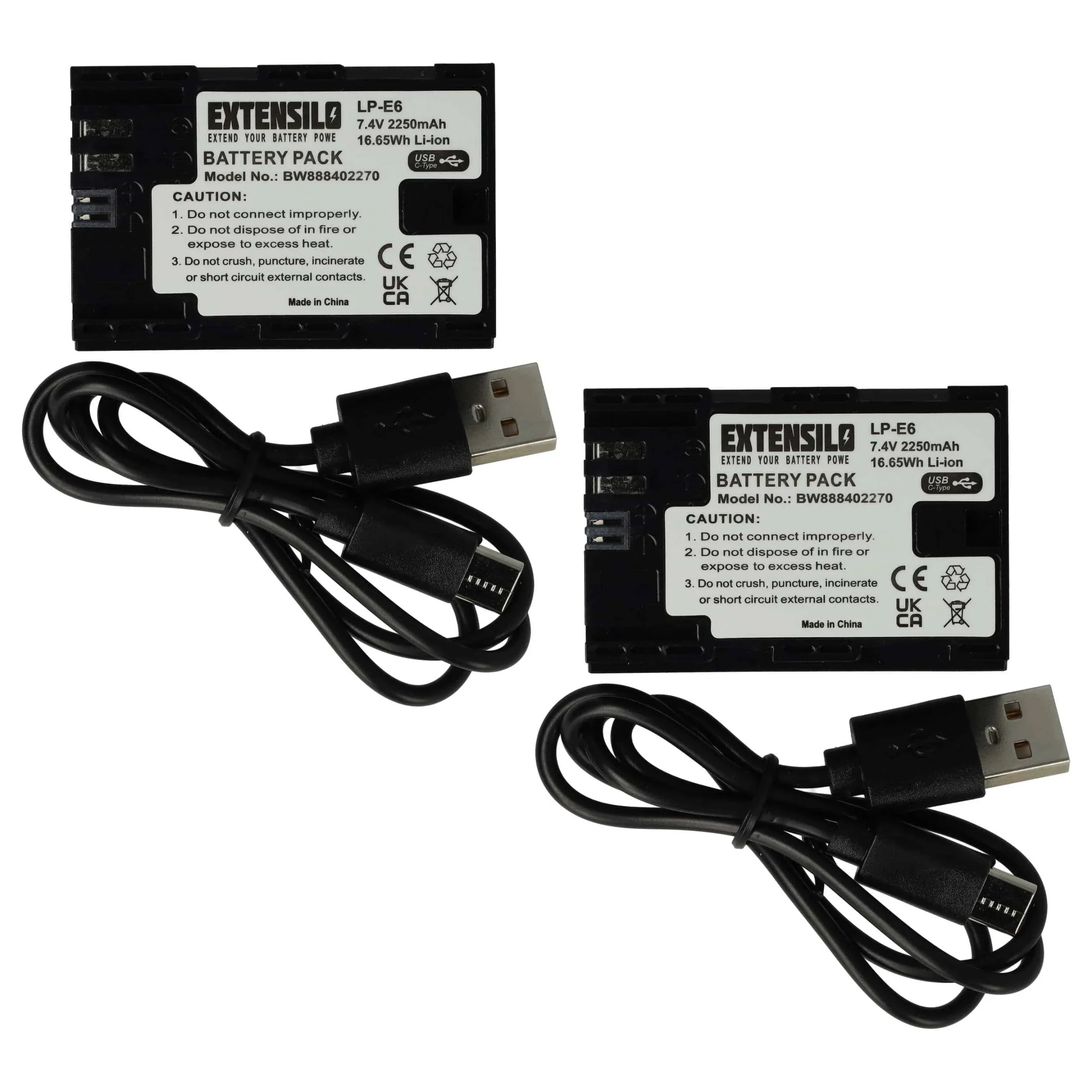 2x Batteries remplace Canon LP-E6 pour appareil photo Blackmagic- 2250mAh 7,4V Li-ion - USB-C