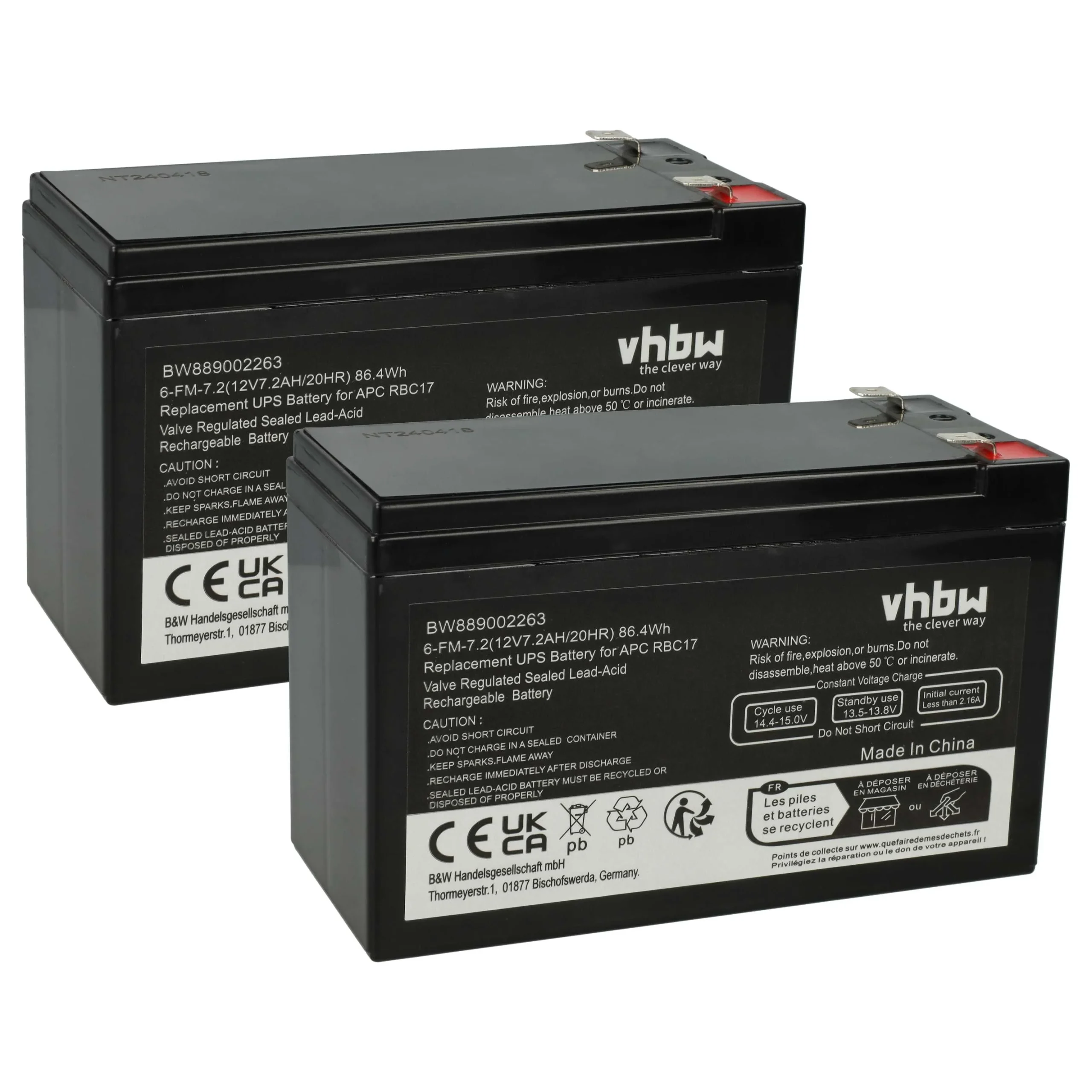 Batterie (2 pcs.) remplace APC RBC17 ASI - 7,2Ah 12V AGM