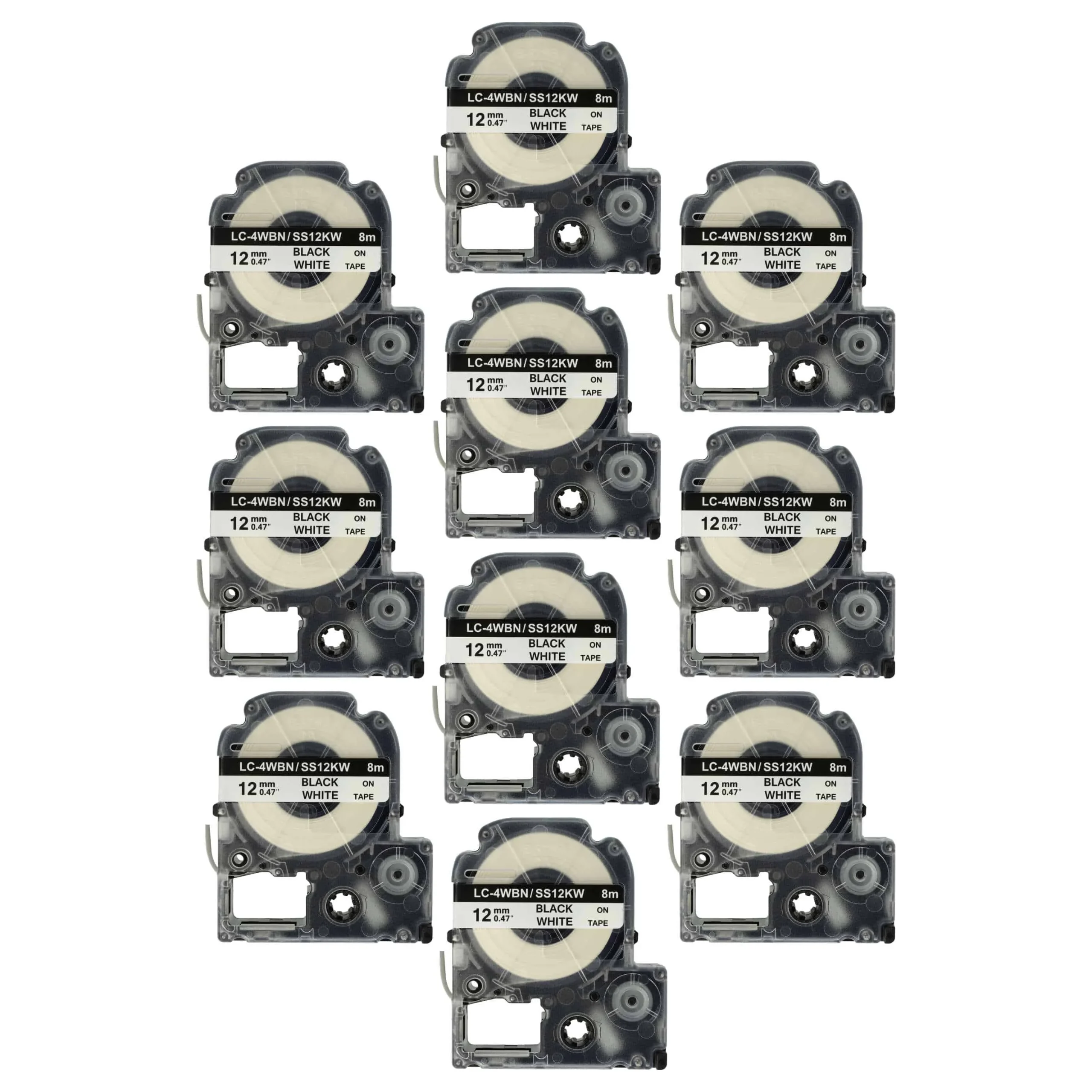 10x Cassettes à ruban remplacent Epson SS12KW, LC-4WBN - 12mm lettrage Noir ruban Blanc, plastique