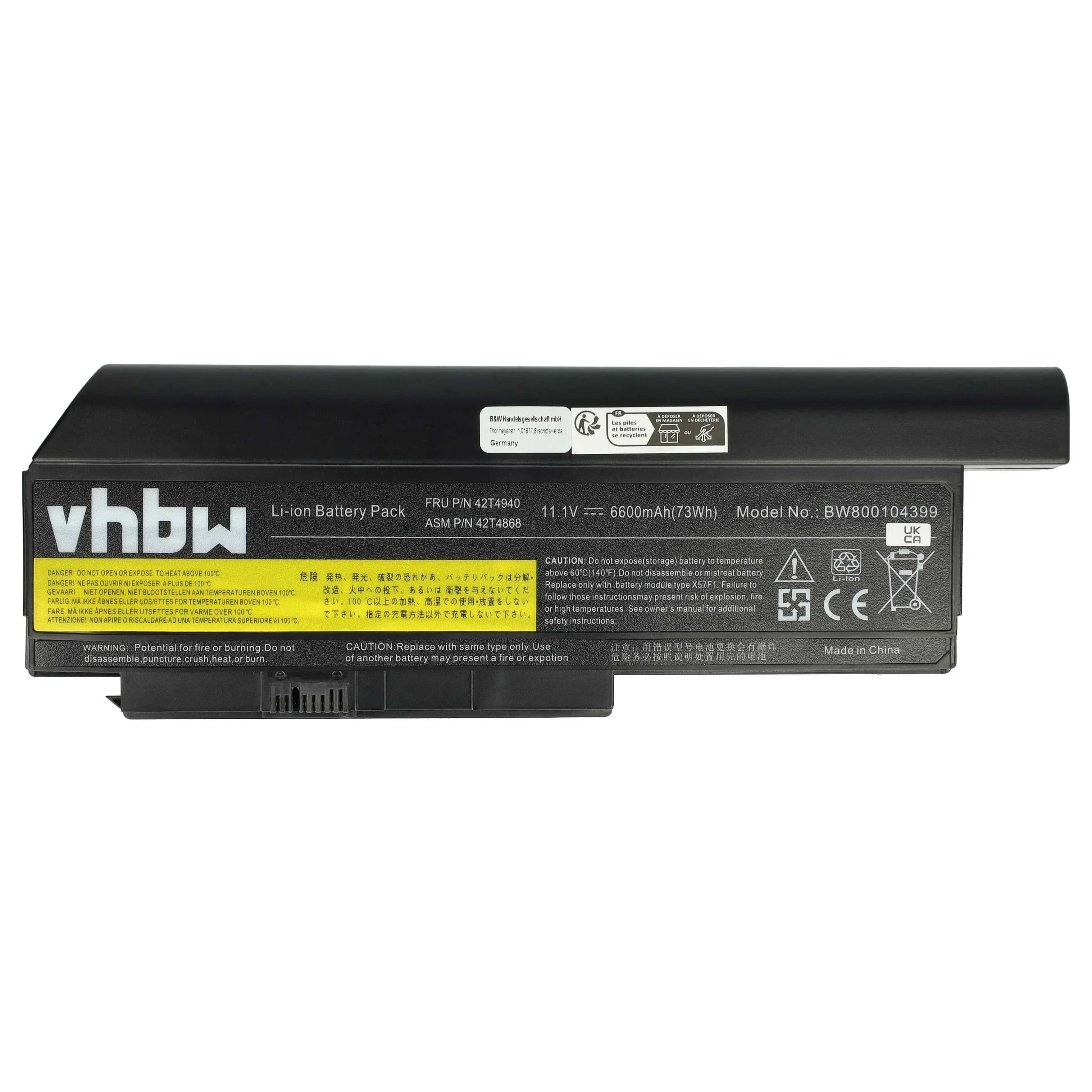 Batterie remplace Lenovo 0A36281, 0A36282, 0A36283 pour ordinateur portable Lenovo- 6600mAh 10,8V Li-ion, noir