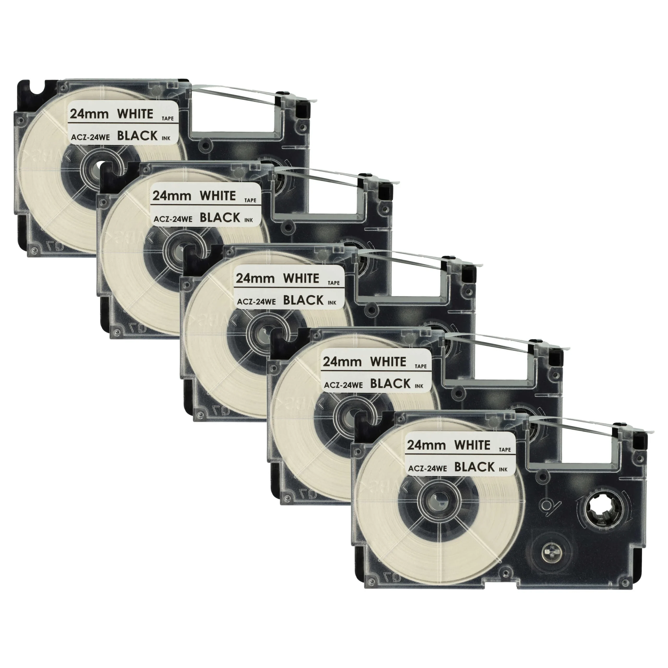 5x Cassettes à ruban remplacent Casio XR-24WE, XR-24WE1 - 24mm lettrage Noir ruban Blanc, plastique