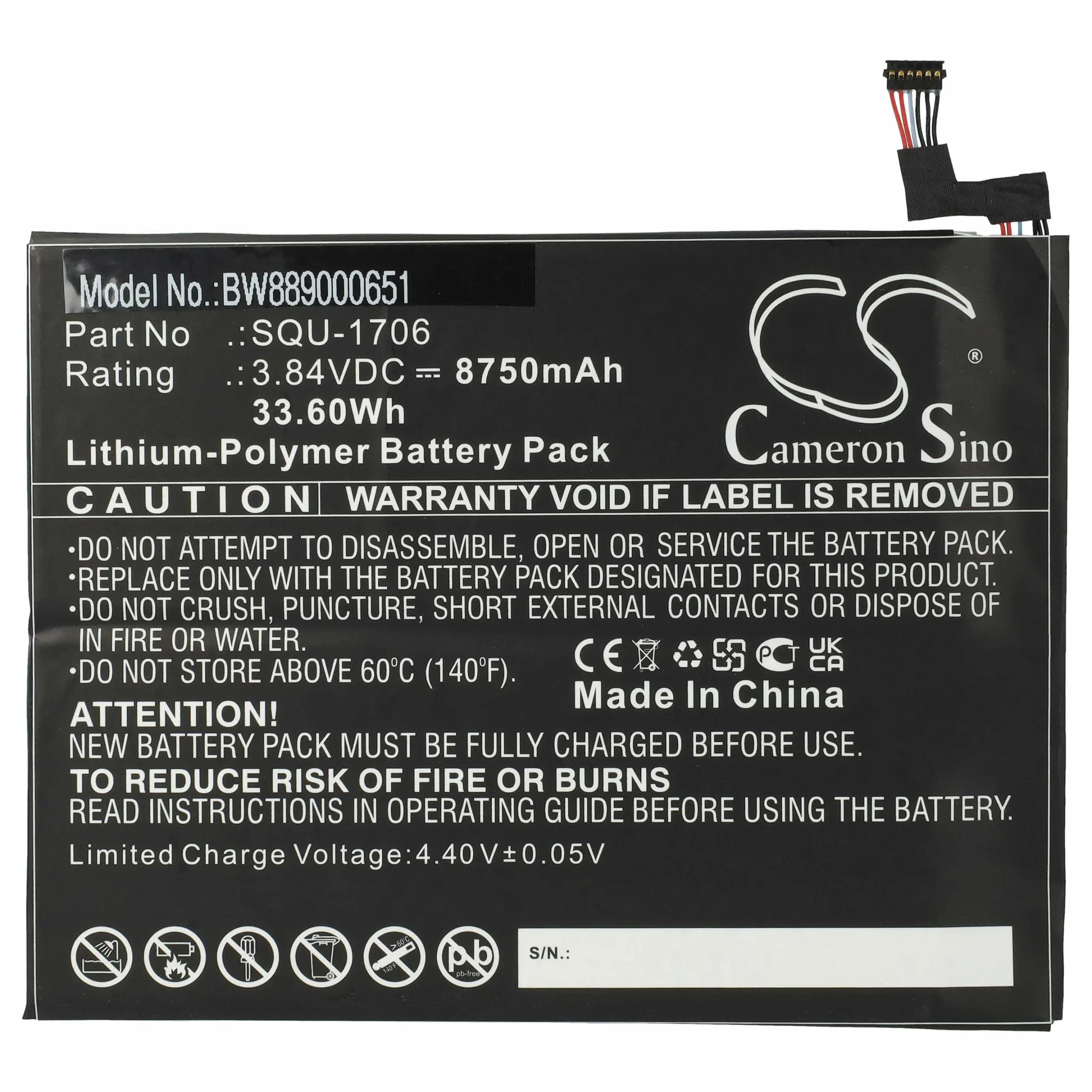 Batterie remplace Acer SQU-1706, KT.00201.004 tablette - 8750mAh 3,84V Li-polymère