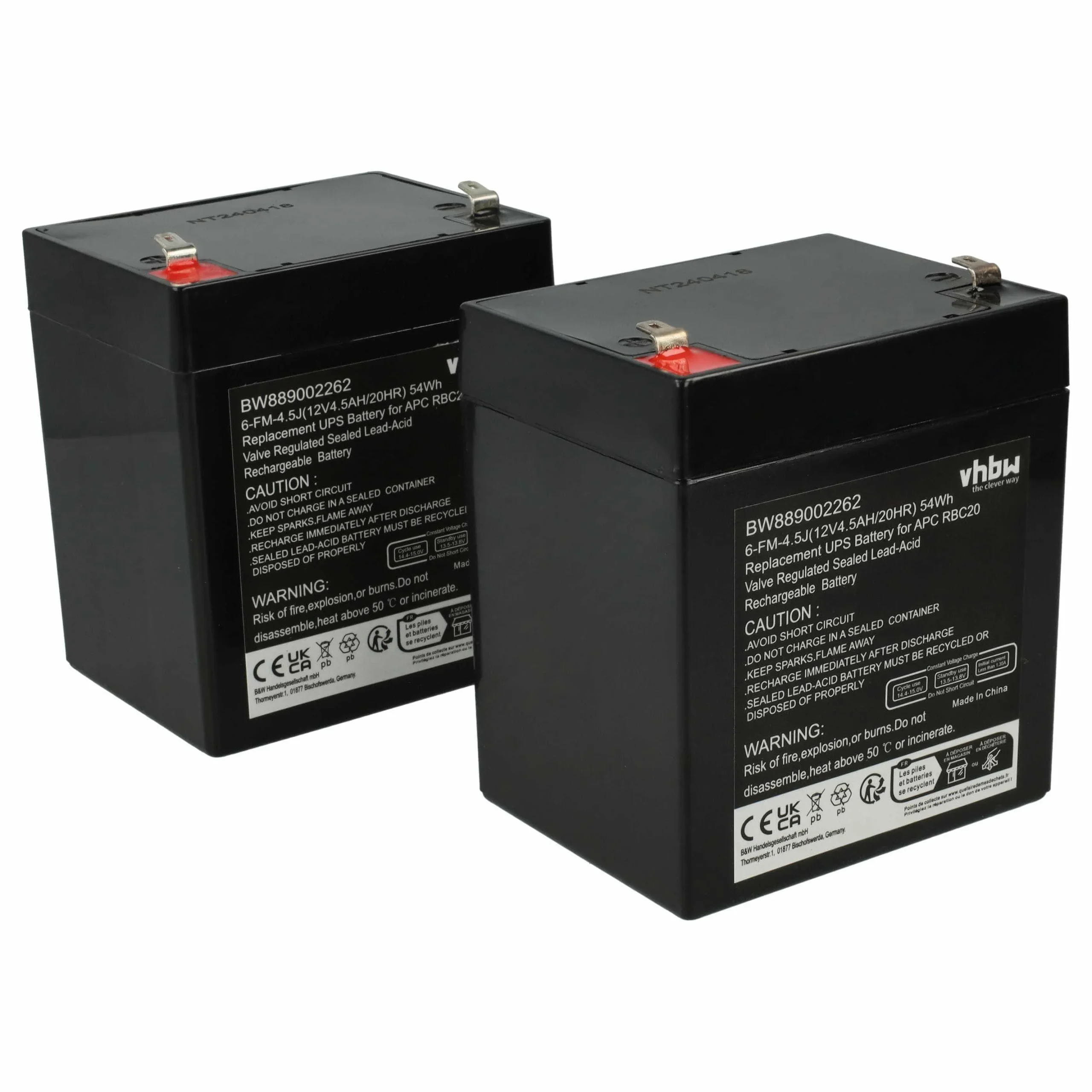 Batterie (2 pcs.) remplace APC RBC20 ASI - 4500mAh 12V AGM