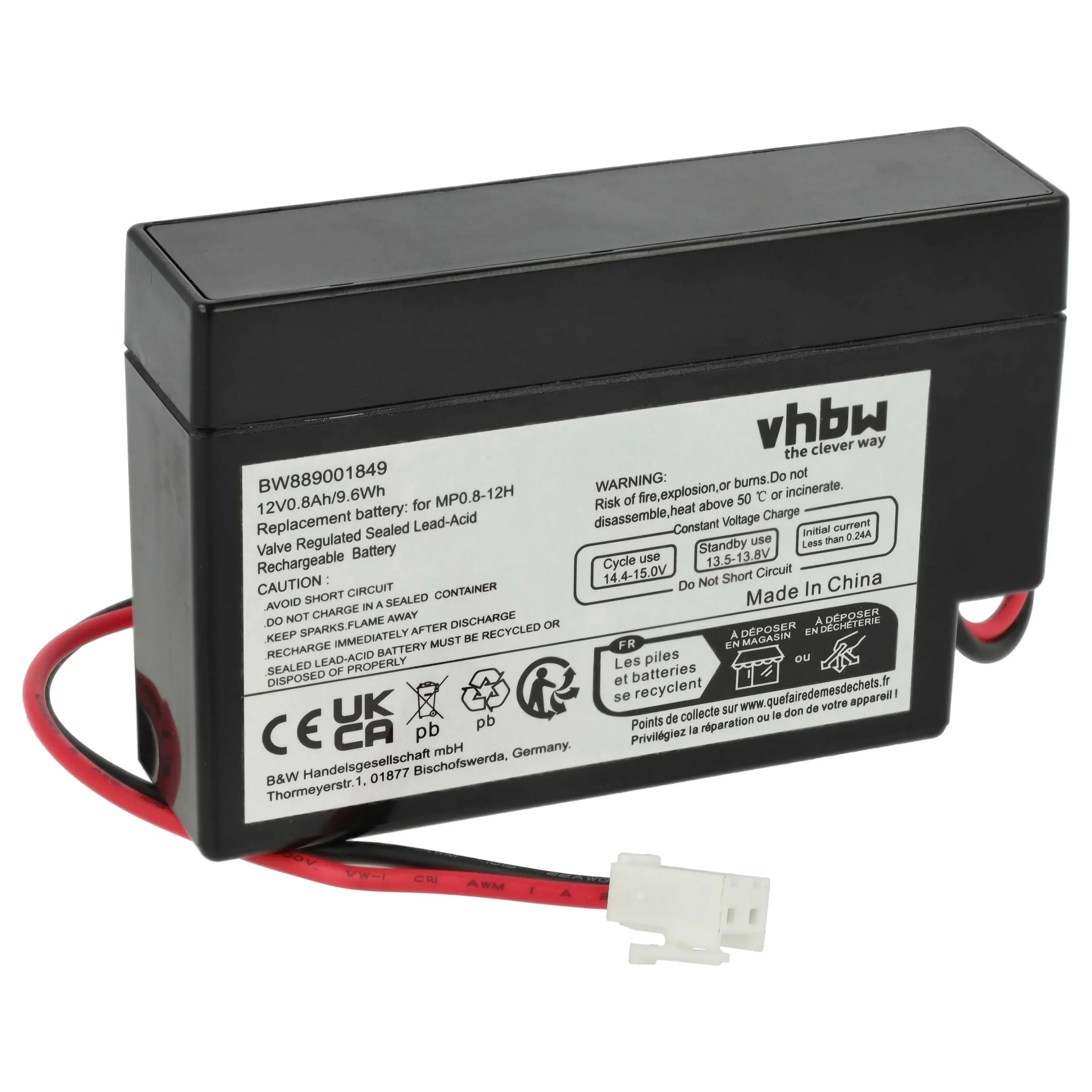 Batterie remplace MP0.8-12H divers appareils - 800mAh 12V AGM, 6x cellules, connecteur JST