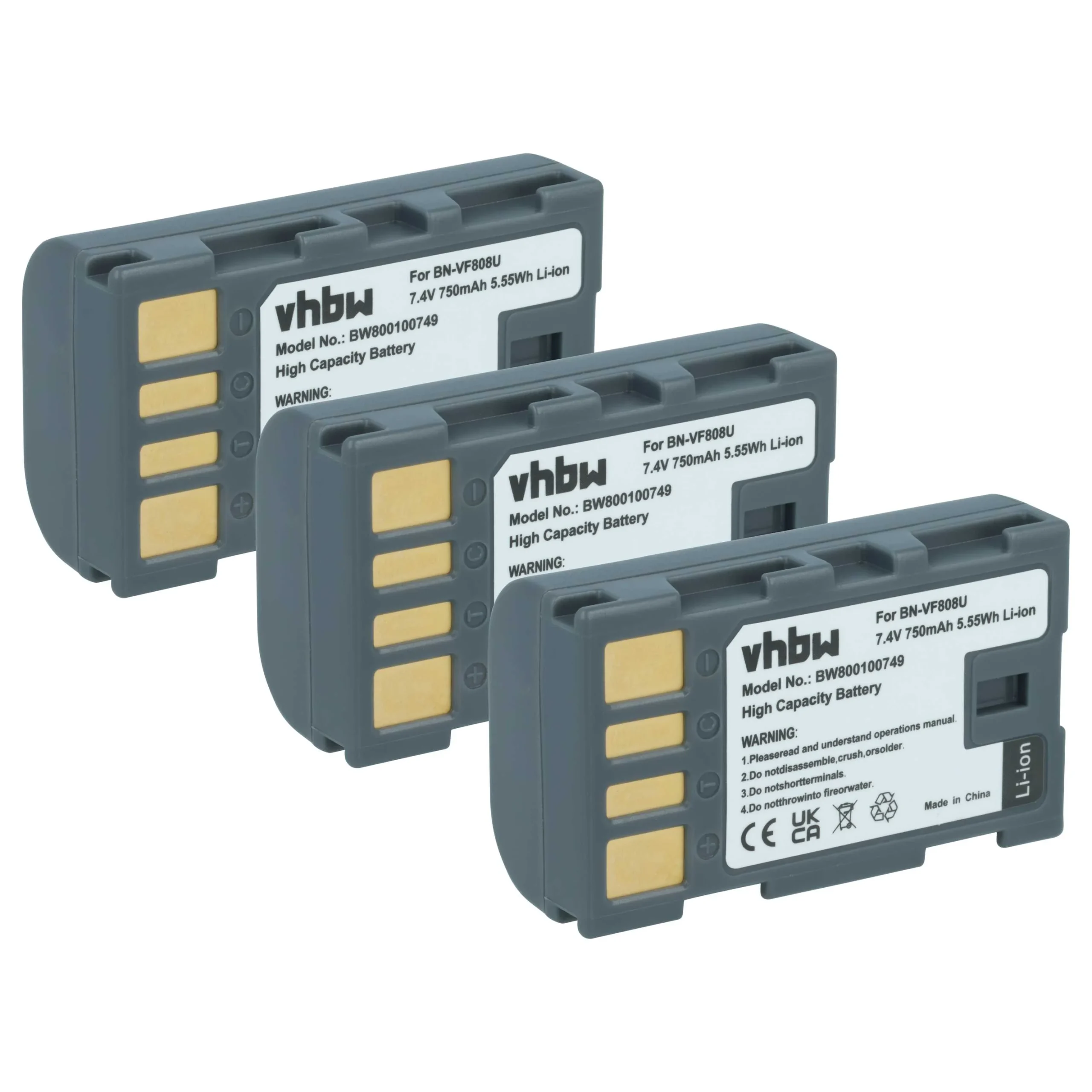 3x Batteries remplace JVC BN-VF808U, BN-VF808, BN-VF815 pour caméscope JVC- 750mAh 7,4V Li-ion avec puce