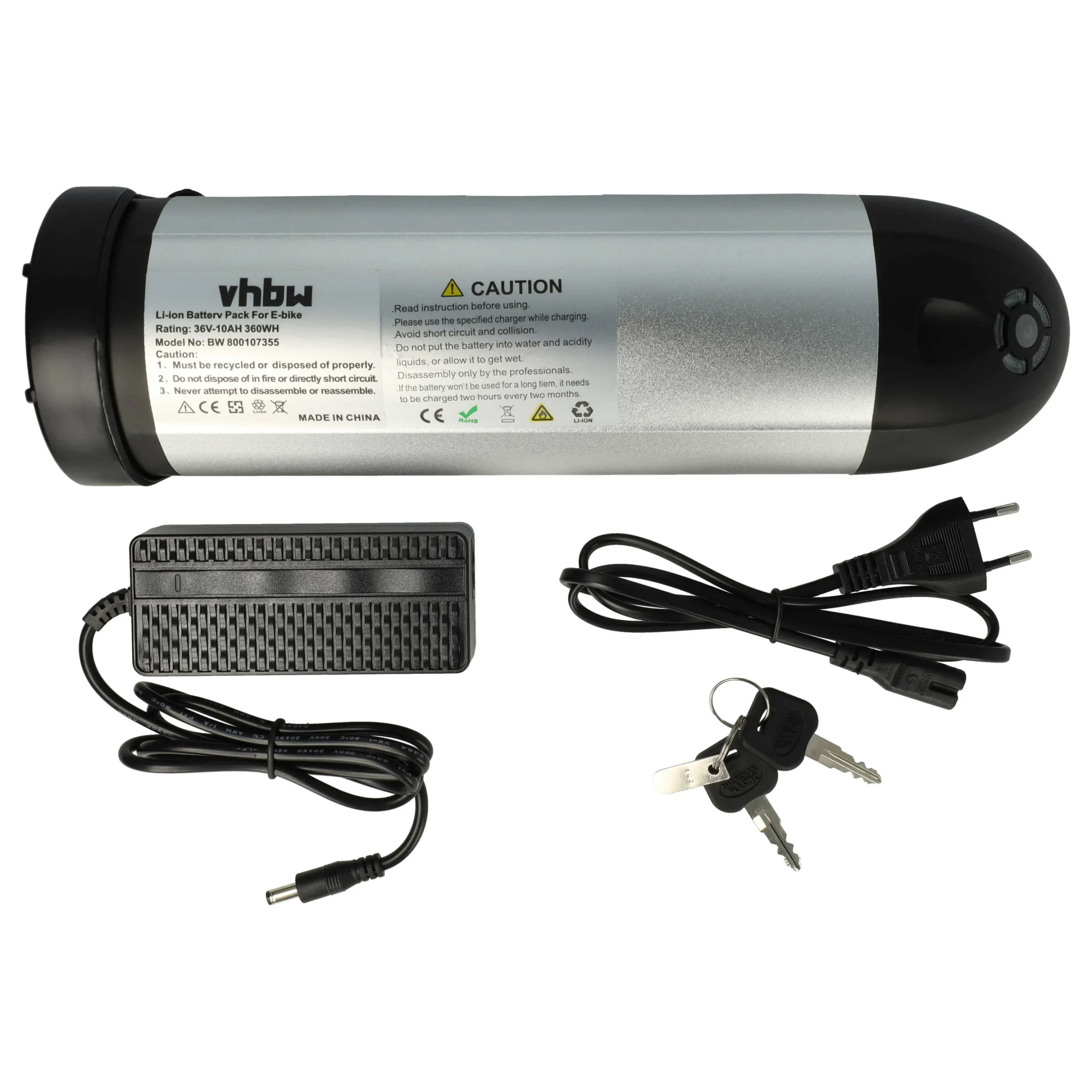 Batterie pour E-Bike avec moteur 200 - 350 W - 10Ah 36V Li-ion chargeur argenté