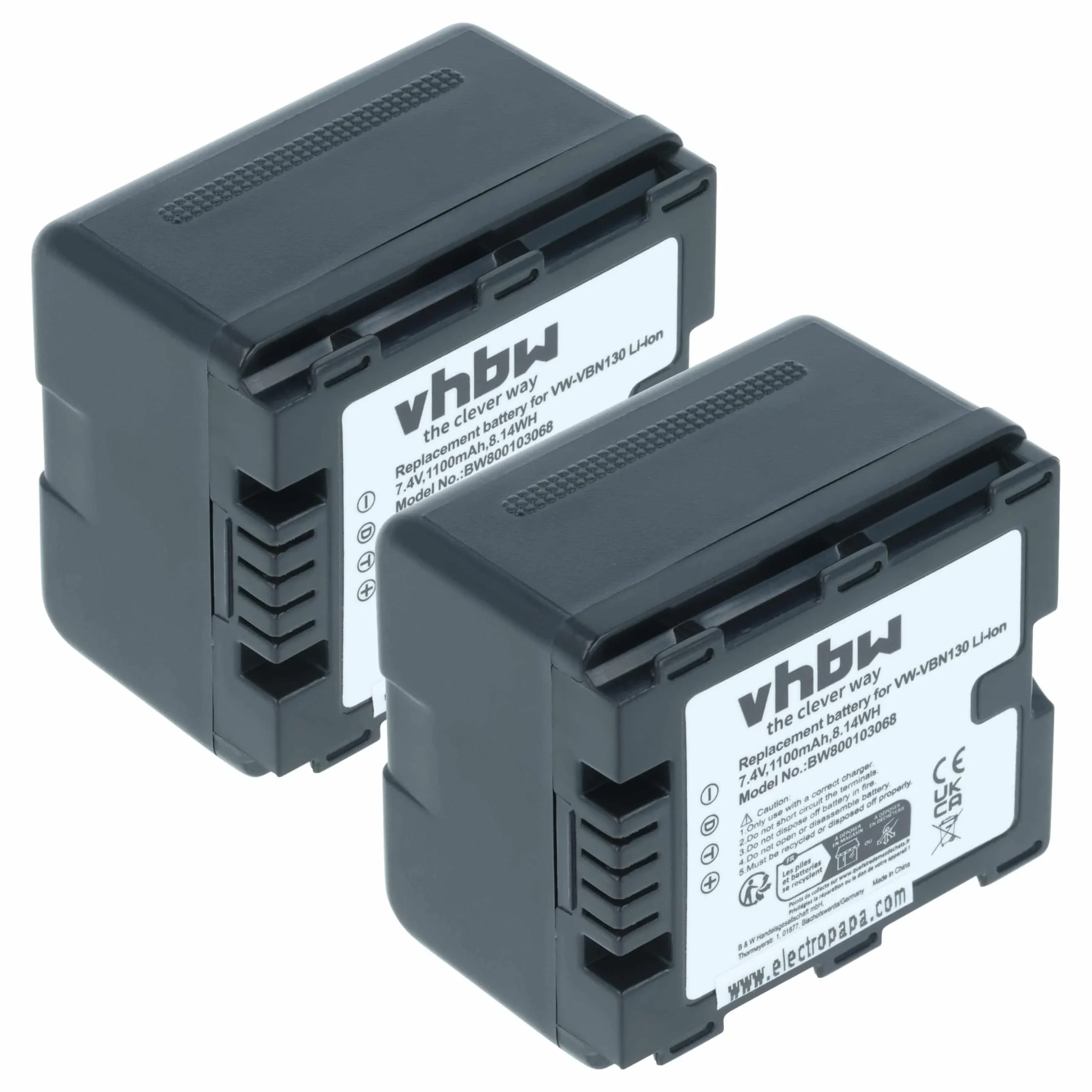 2x Batteries remplace Panasonic VW-VBN130E, VW-VBN130 pour caméscope Panasonic- 1100mAh 7,2V Li-ion avec puce