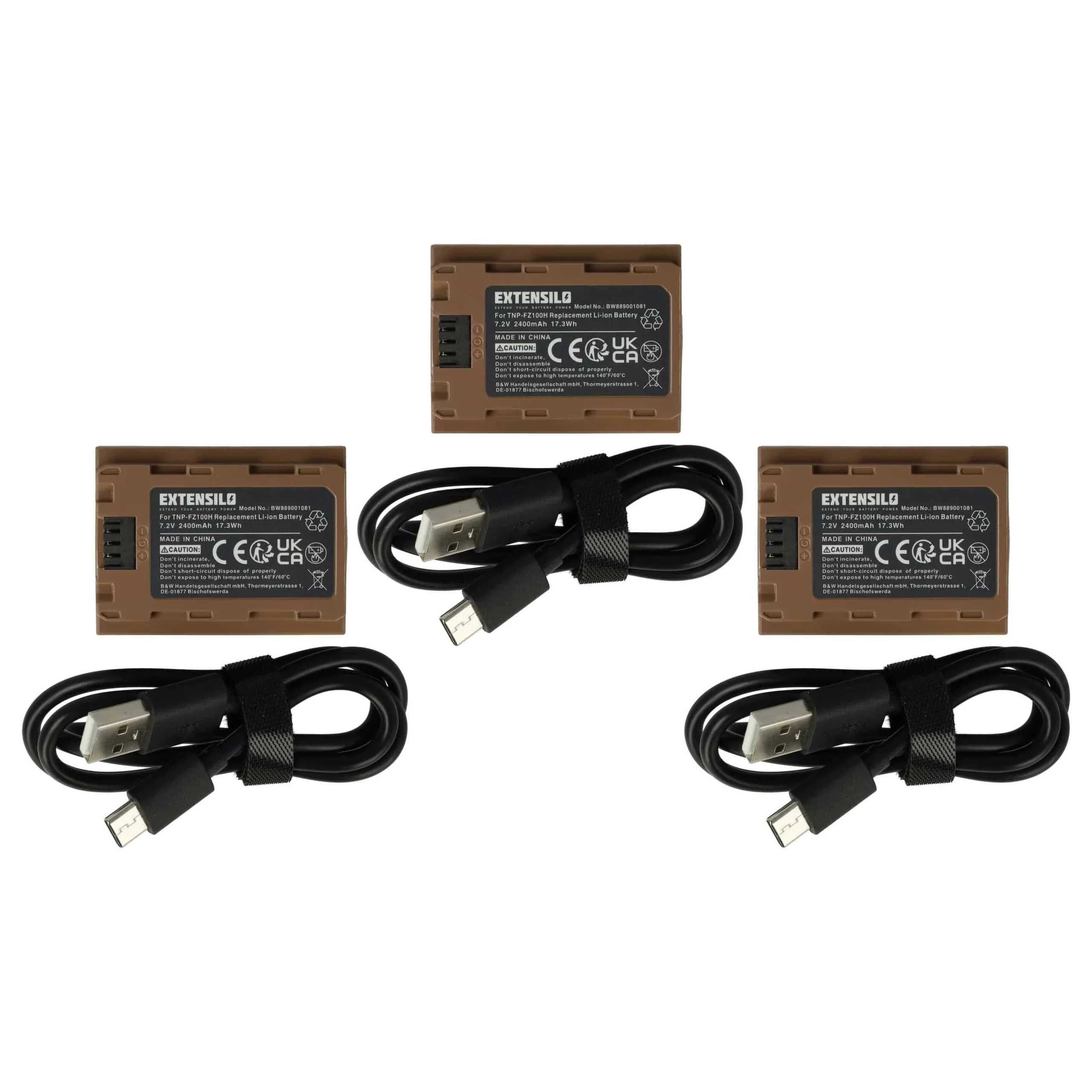 3x Batteries remplace Sony NP-FZ100 pour appareil photo Sony- 2400mAh 7,2V Li-ion - USB-C