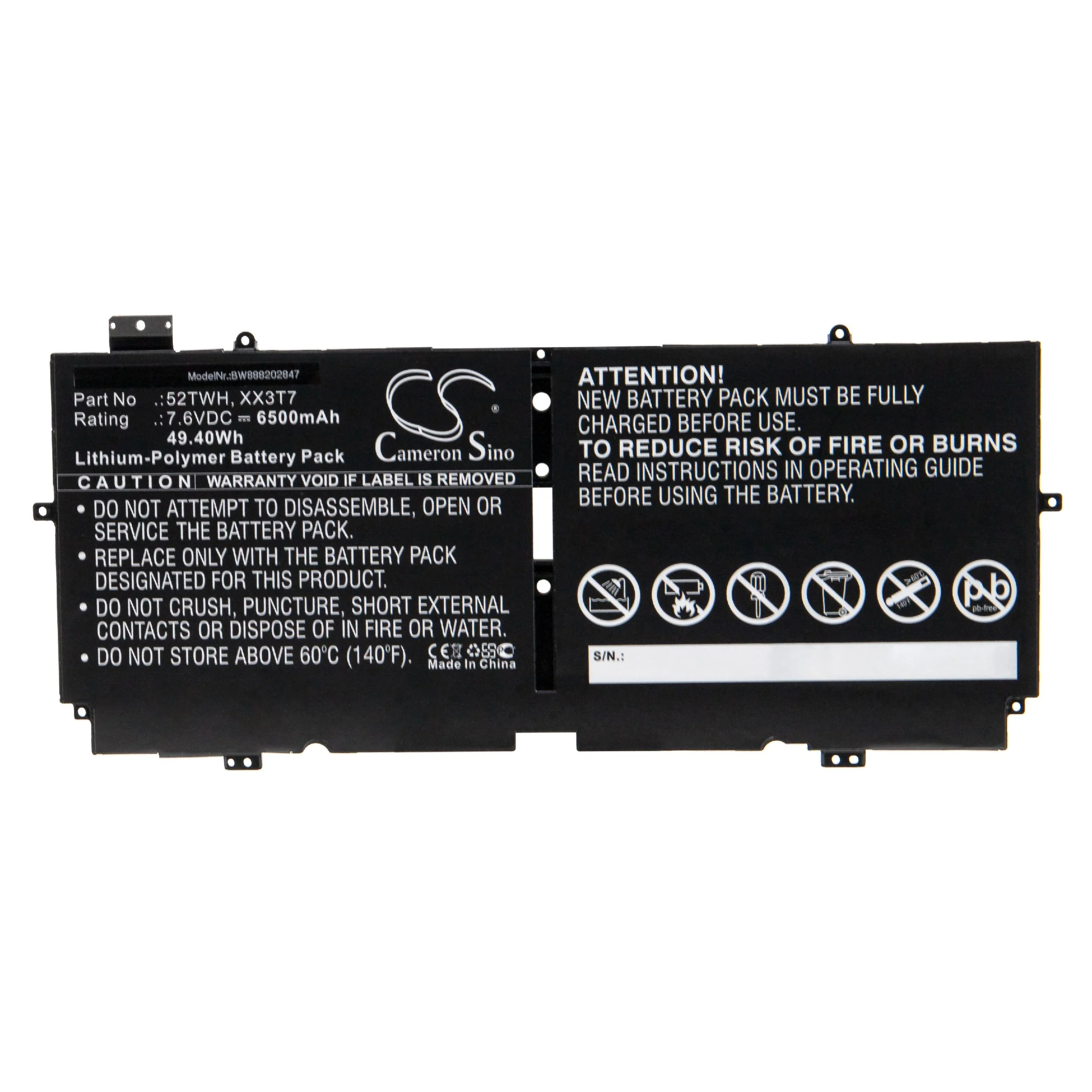 Batterie remplace Dell XX3T7, 52TWH pour ordinateur portable Dell- 6500mAh 7,6V Li-polymère