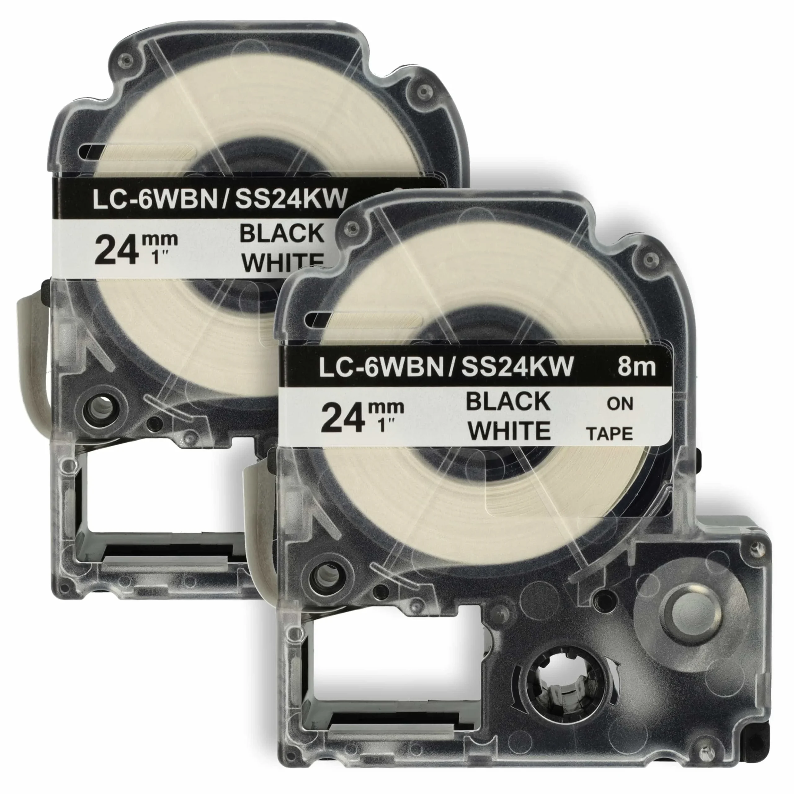 2x Cassettes à ruban remplacent Epson LC-6WBN - 24mm lettrage Noir ruban Blanc, plastique