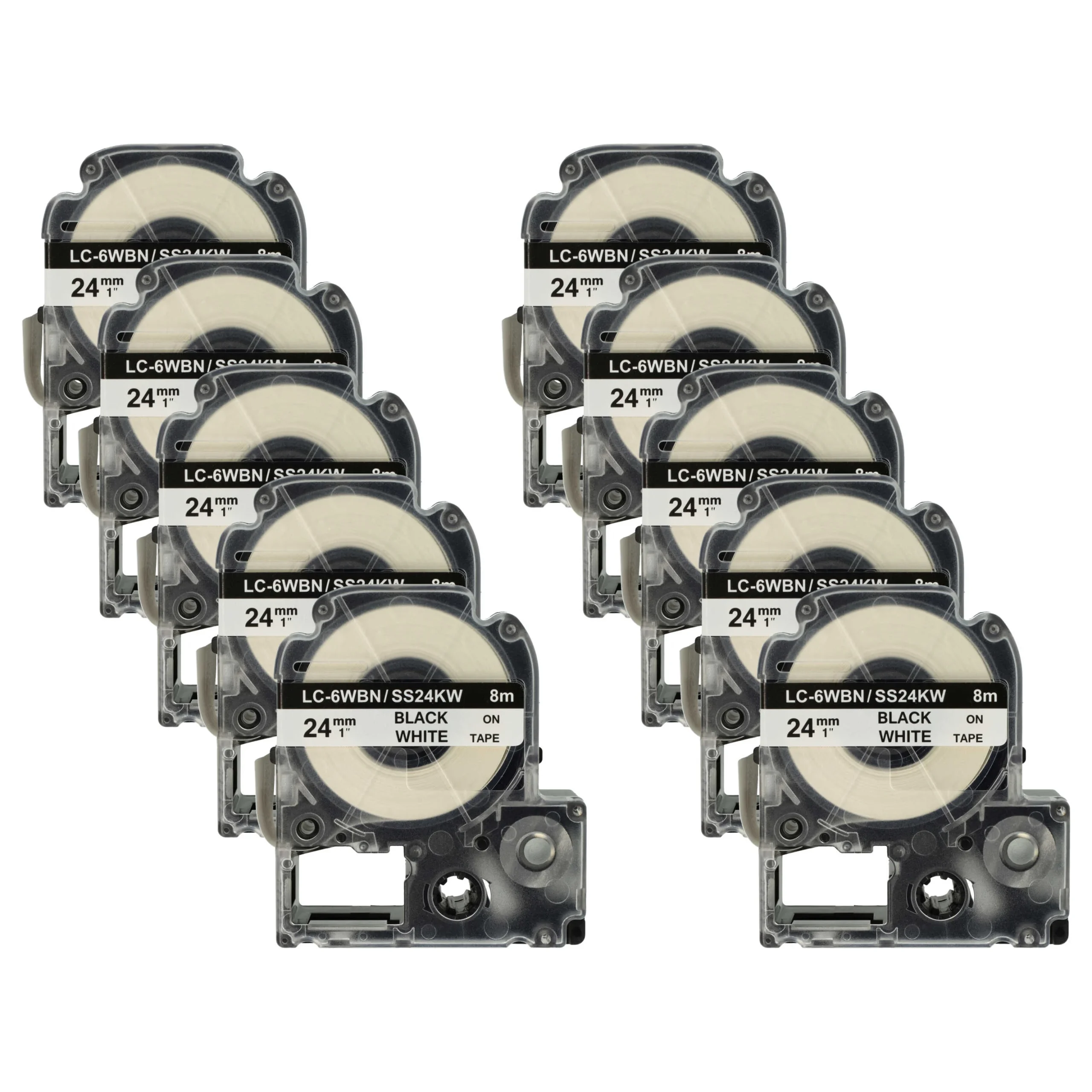 10x Cassettes à ruban remplacent Epson LC-6WBN - 24mm lettrage Noir ruban Blanc, plastique
