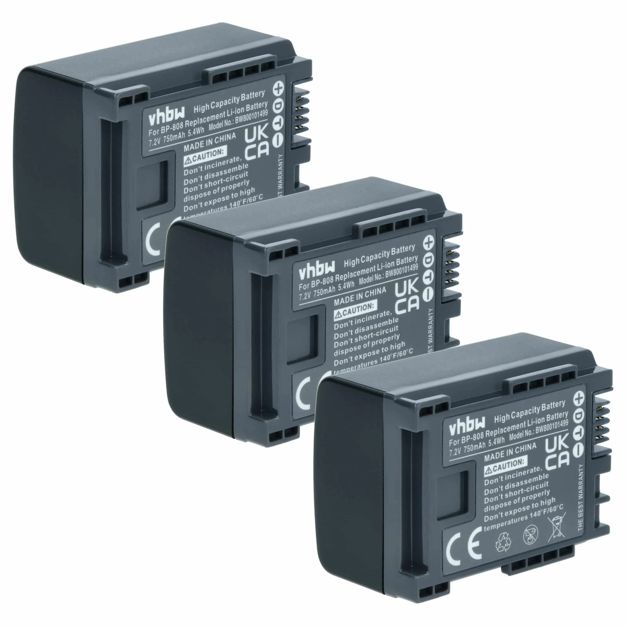 3x Batteries remplace Canon 2740B002, BP-808 pour caméscope Canon- 750mAh 7,2V Li-ion avec puce
